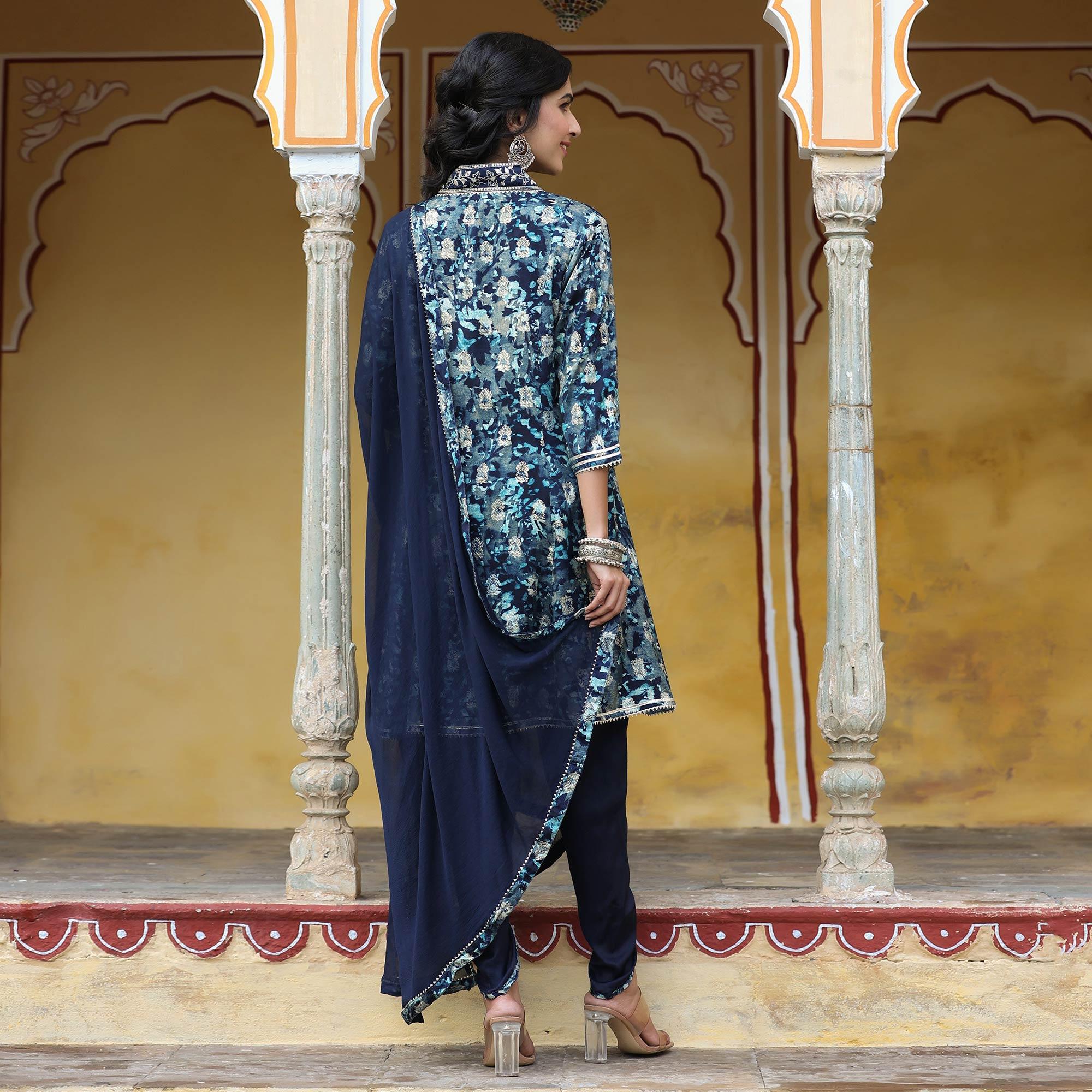 Navy Blue Floral Printed Muslin Salwar Suit - Peachmode