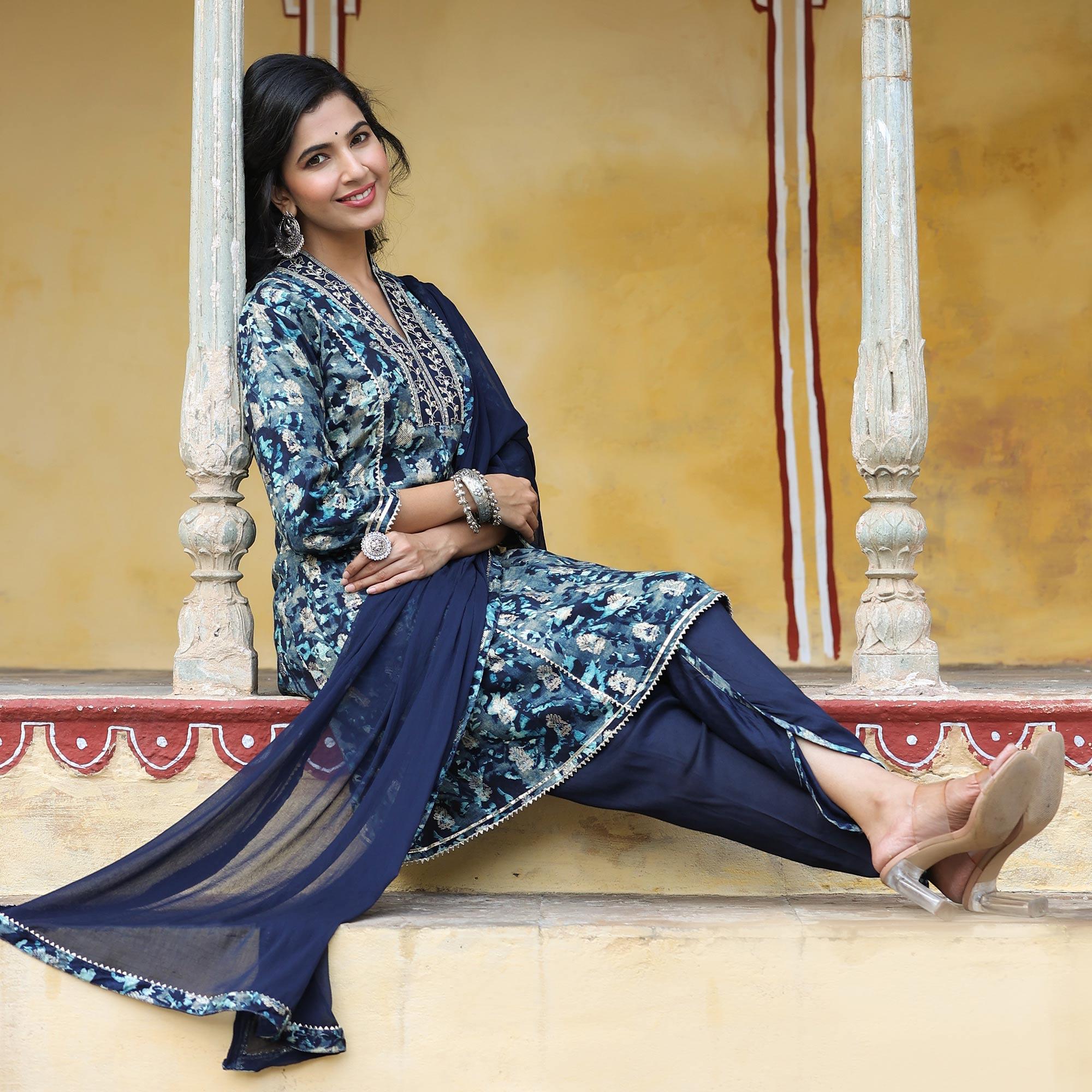 Navy Blue Floral Printed Muslin Salwar Suit - Peachmode