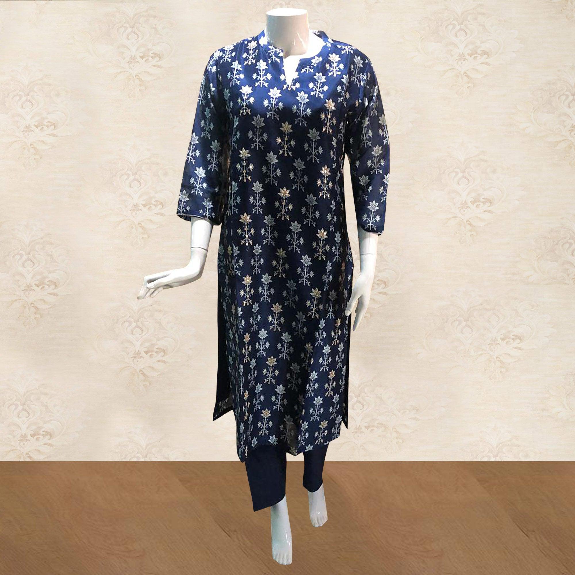 Navy Blue Floral Printed Pure Cotton Kurti Pant Set - Peachmode