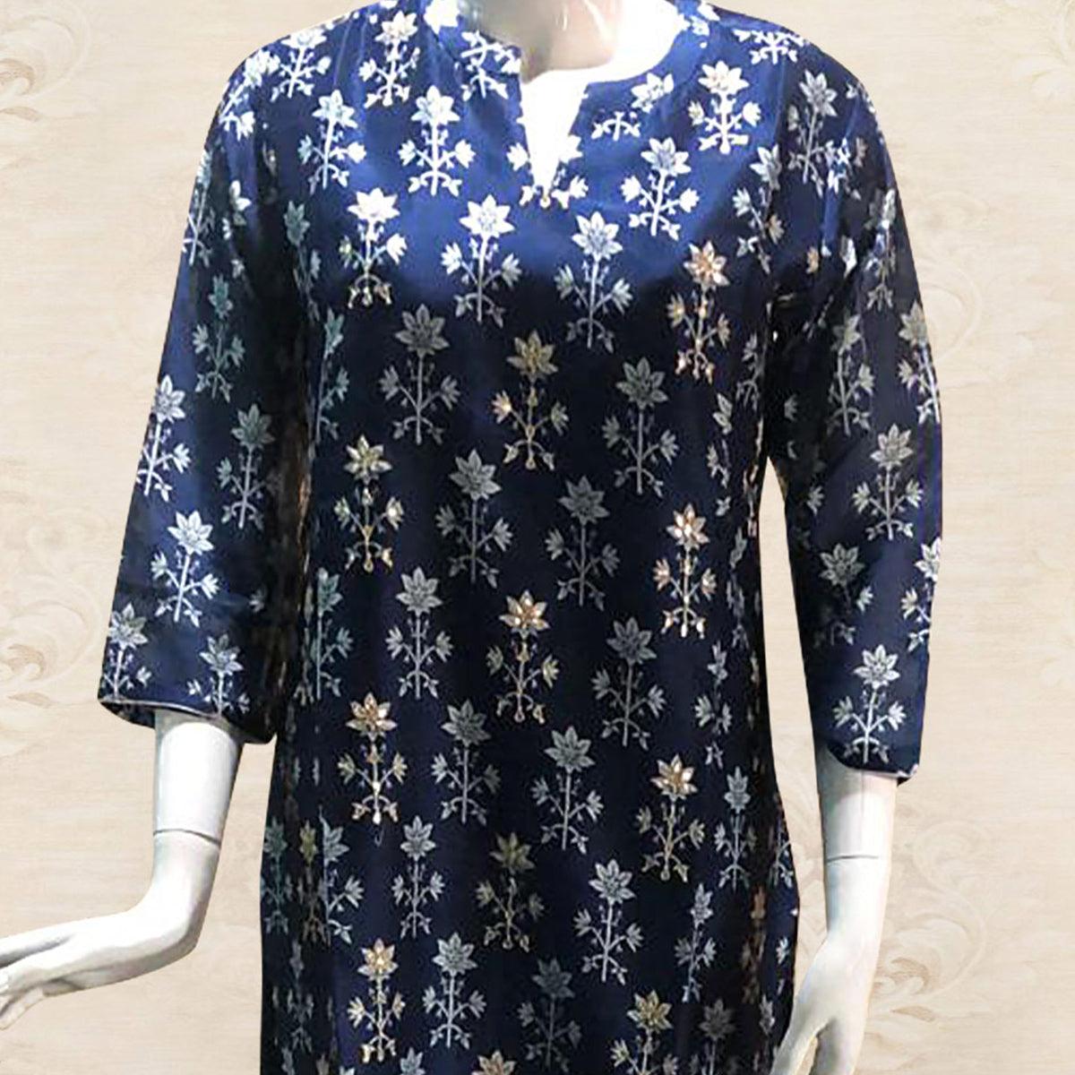 Navy Blue Floral Printed Pure Cotton Kurti Pant Set - Peachmode
