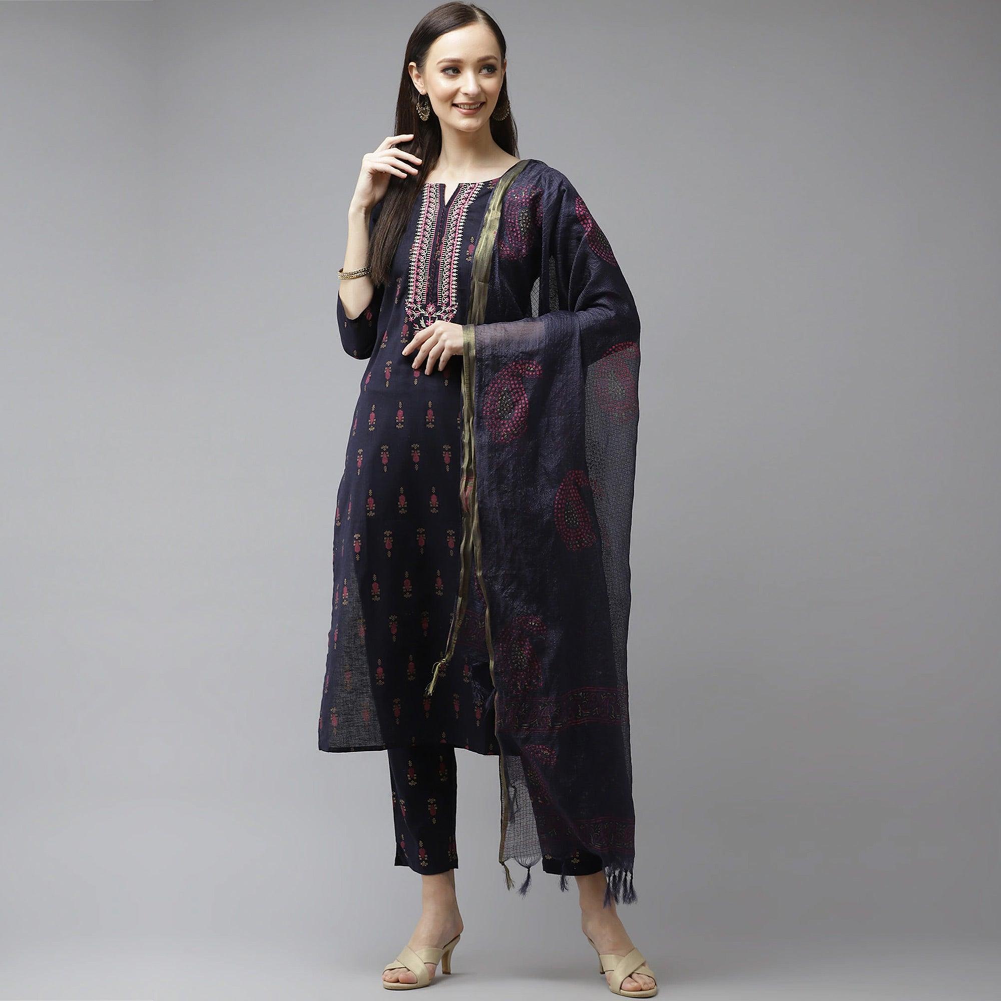 Navy Blue Floral Printed Pure Cotton Salwar Suit - Peachmode