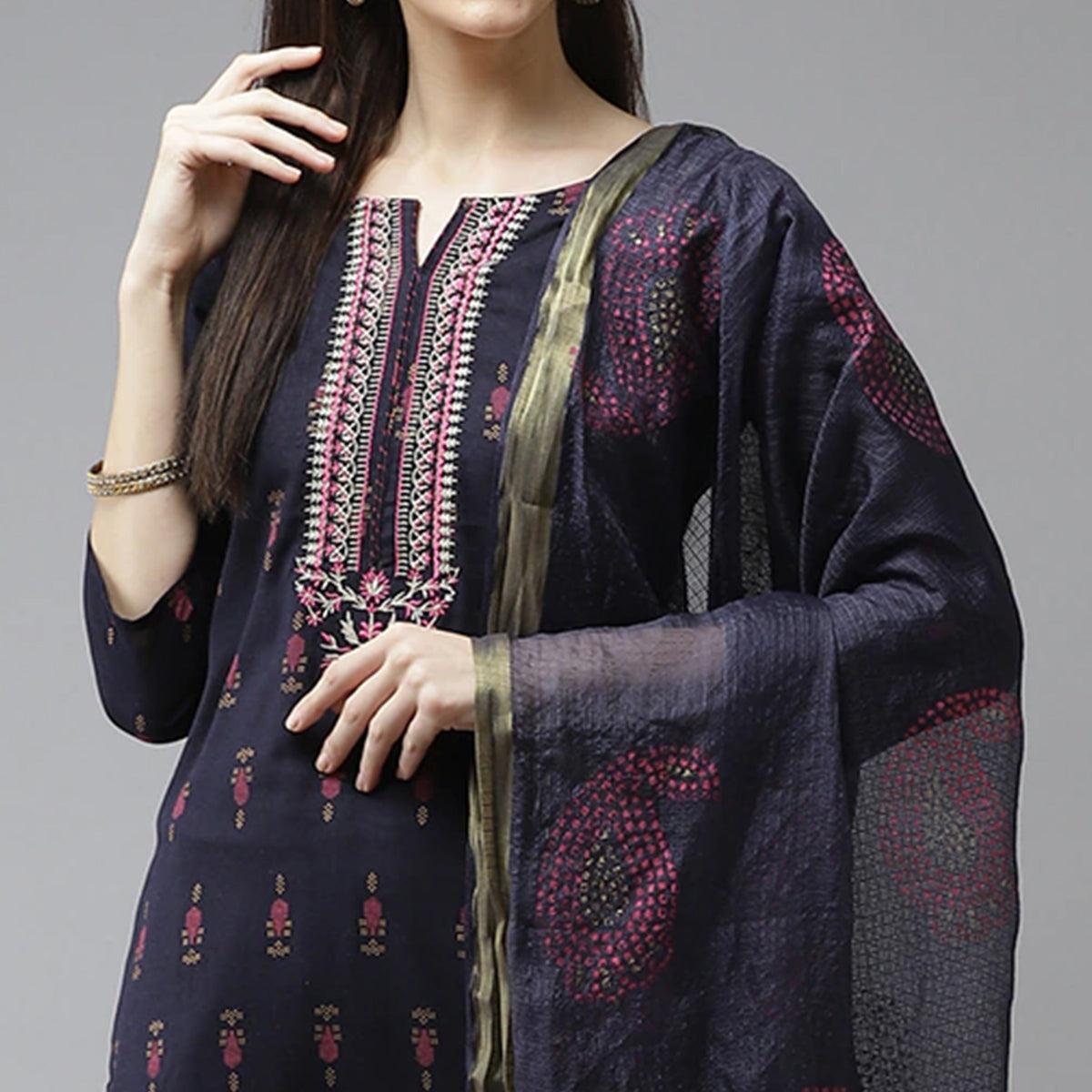 Navy Blue Floral Printed Pure Cotton Salwar Suit - Peachmode