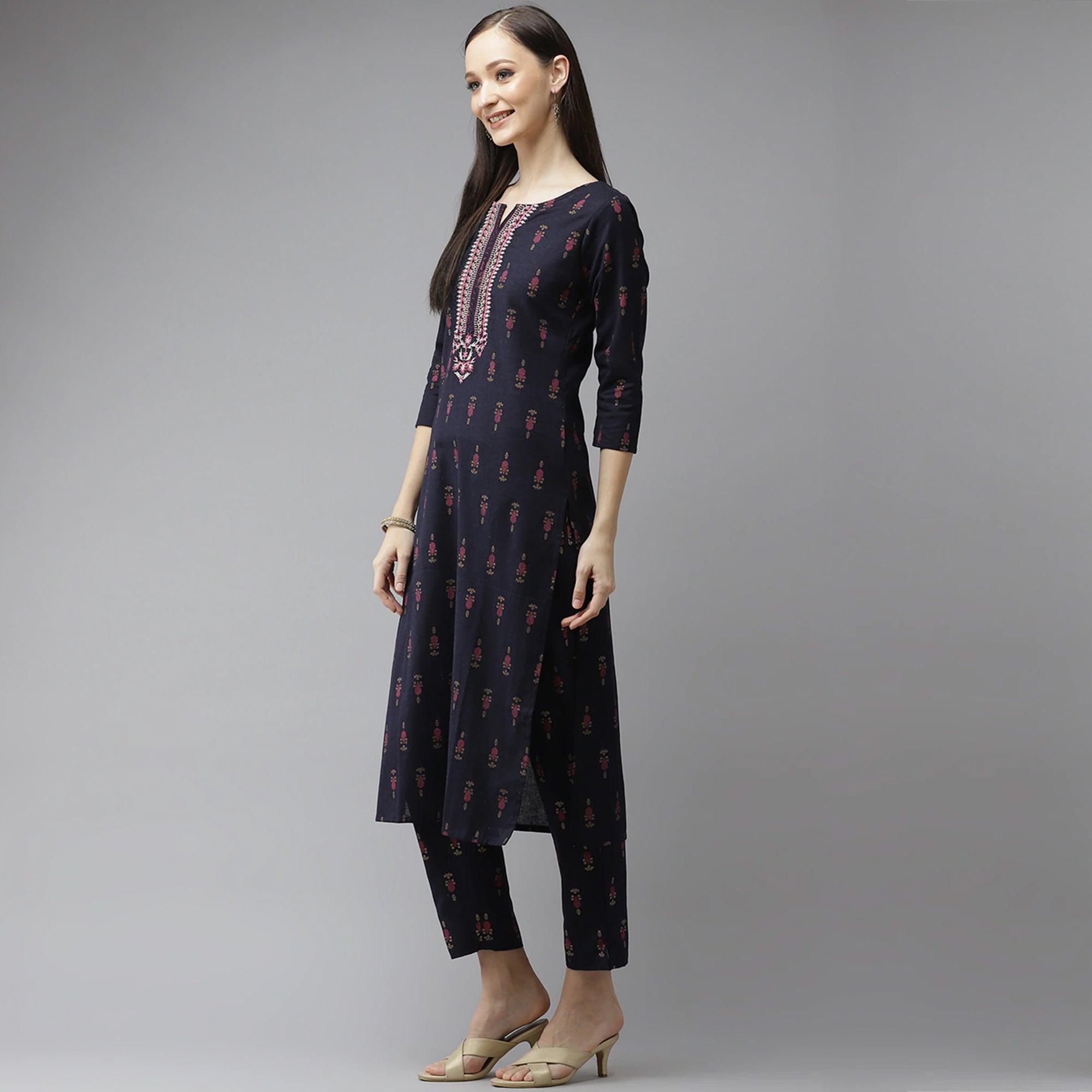 Navy Blue Floral Printed Pure Cotton Salwar Suit - Peachmode