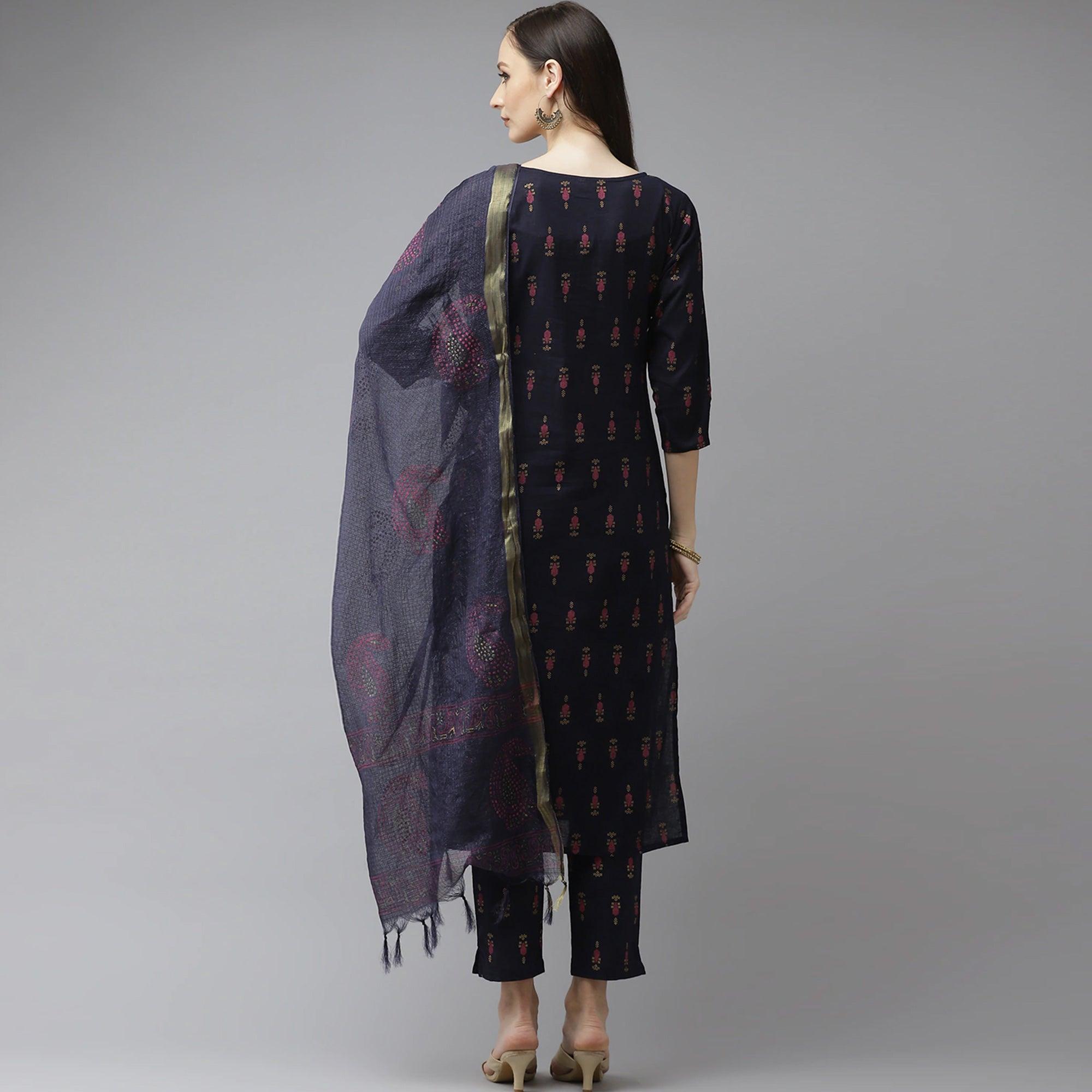 Navy Blue Floral Printed Pure Cotton Salwar Suit - Peachmode