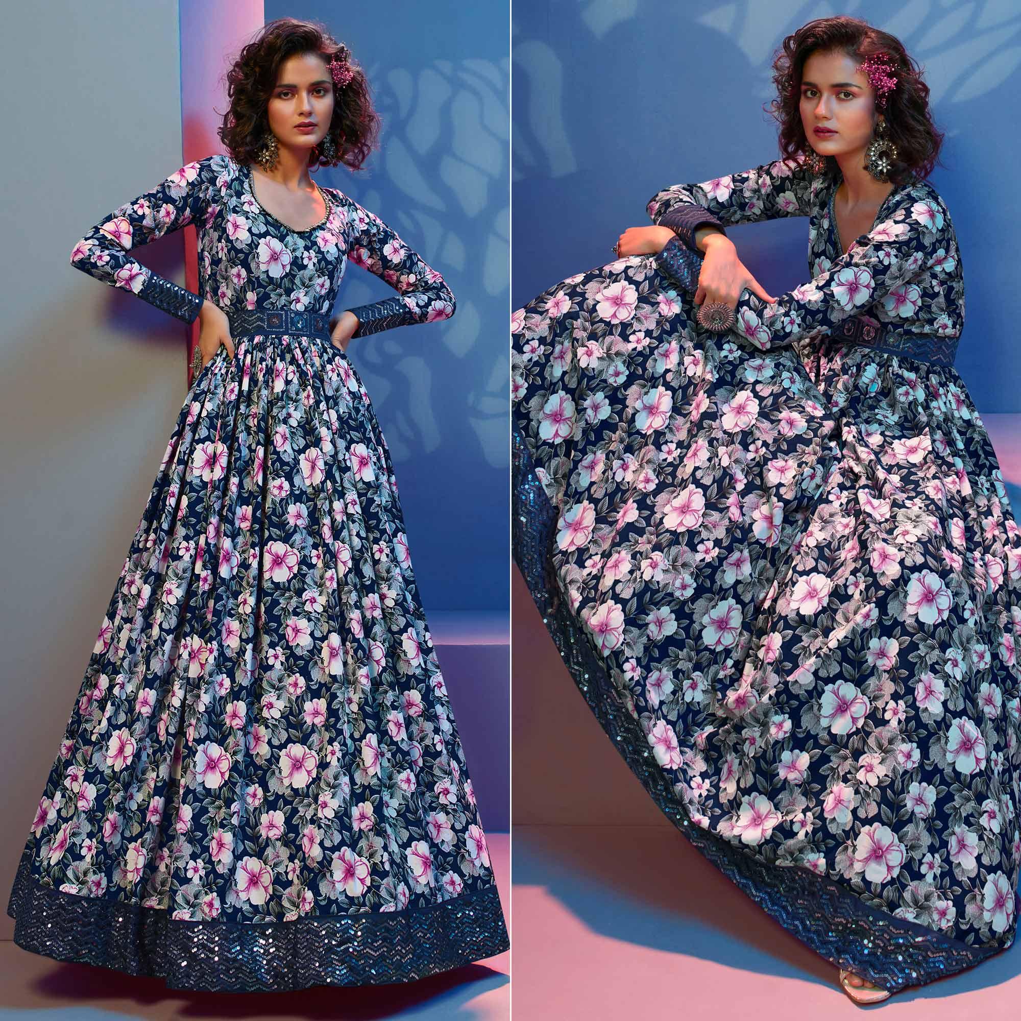 Navy Blue Floral Printed With Sequence Pure Silk Anarkali Style Gown - Peachmode