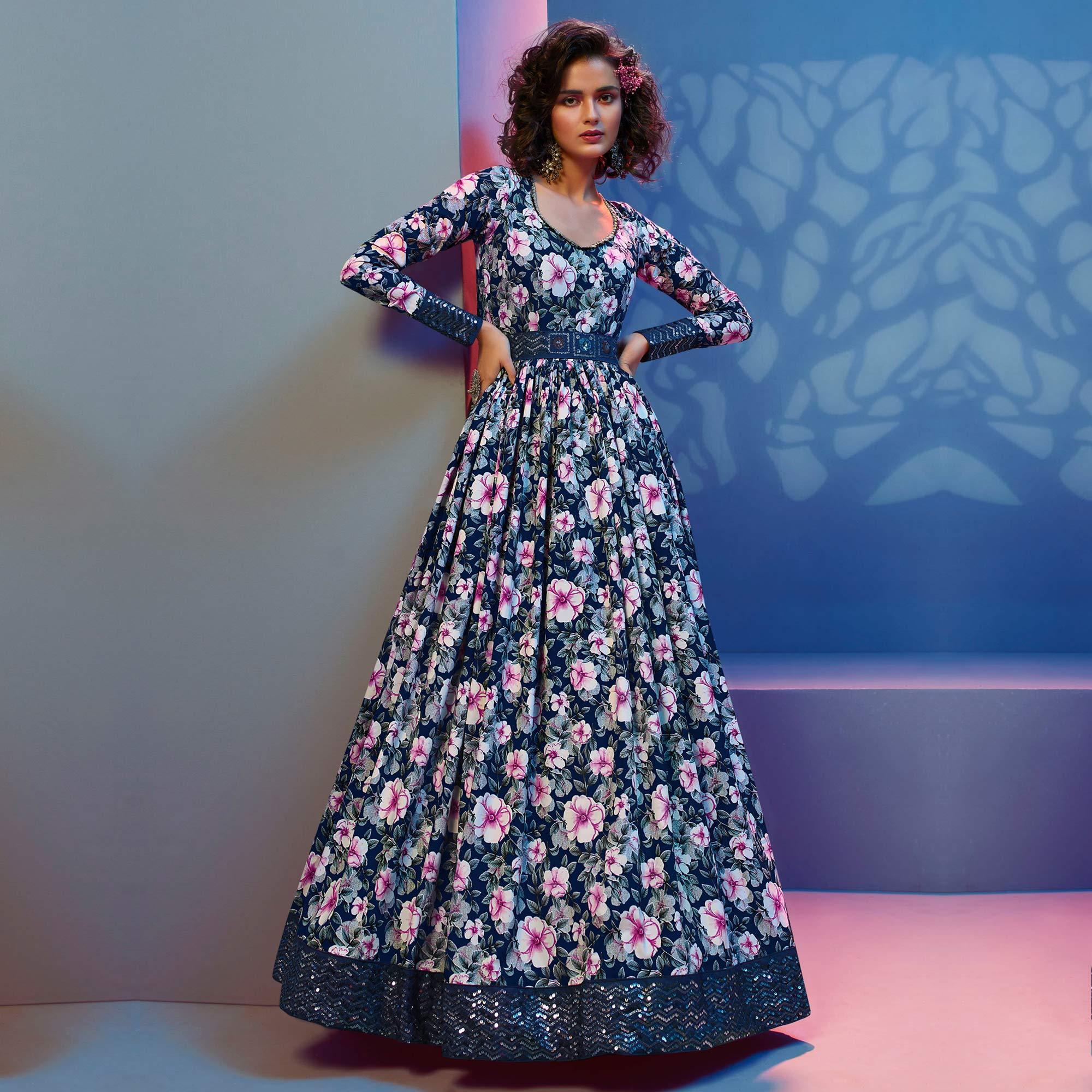 Navy Blue Floral Printed With Sequins Pure Silk Anarkali Style Gown