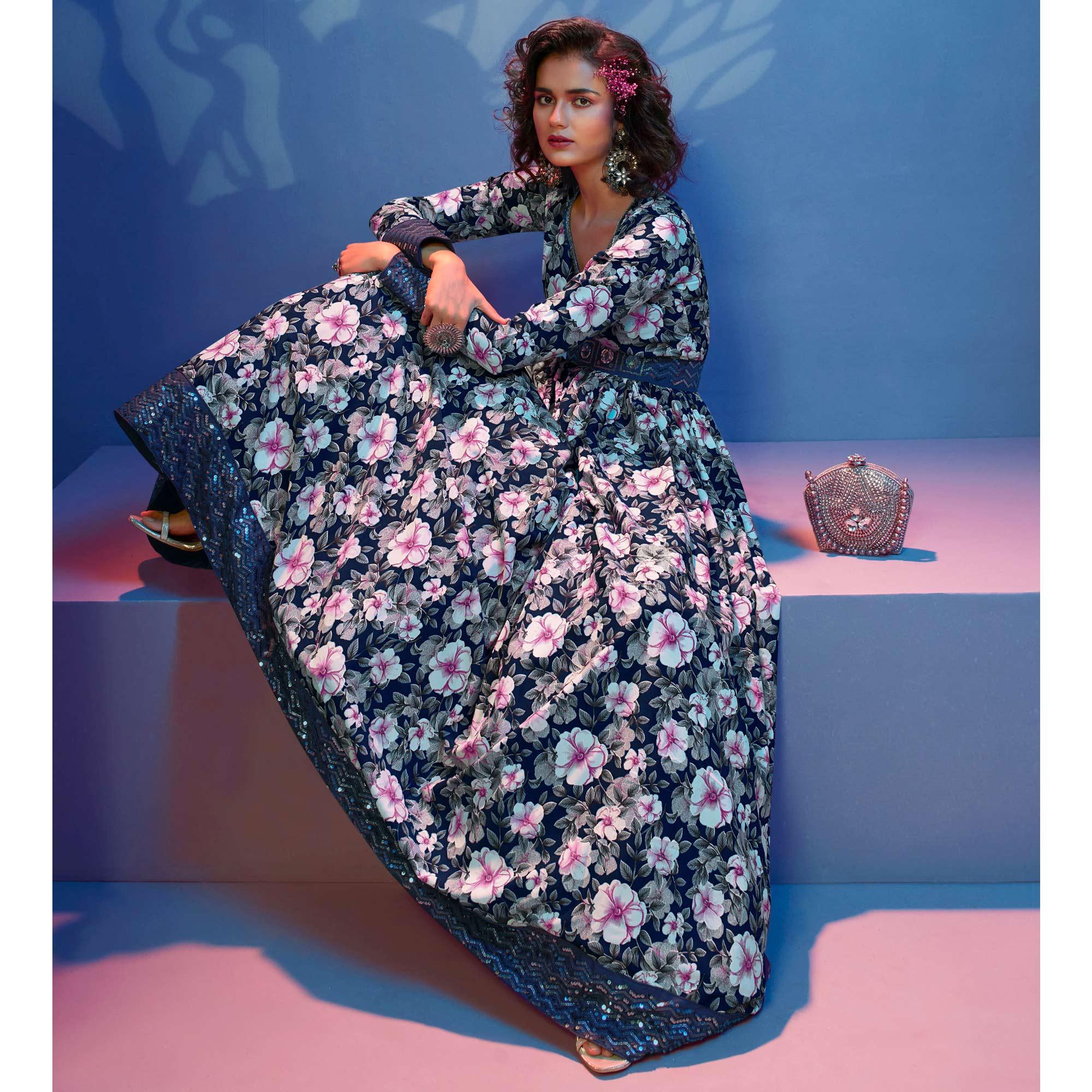 Navy Blue Floral Printed With Sequence Pure Silk Anarkali Style Gown - Peachmode