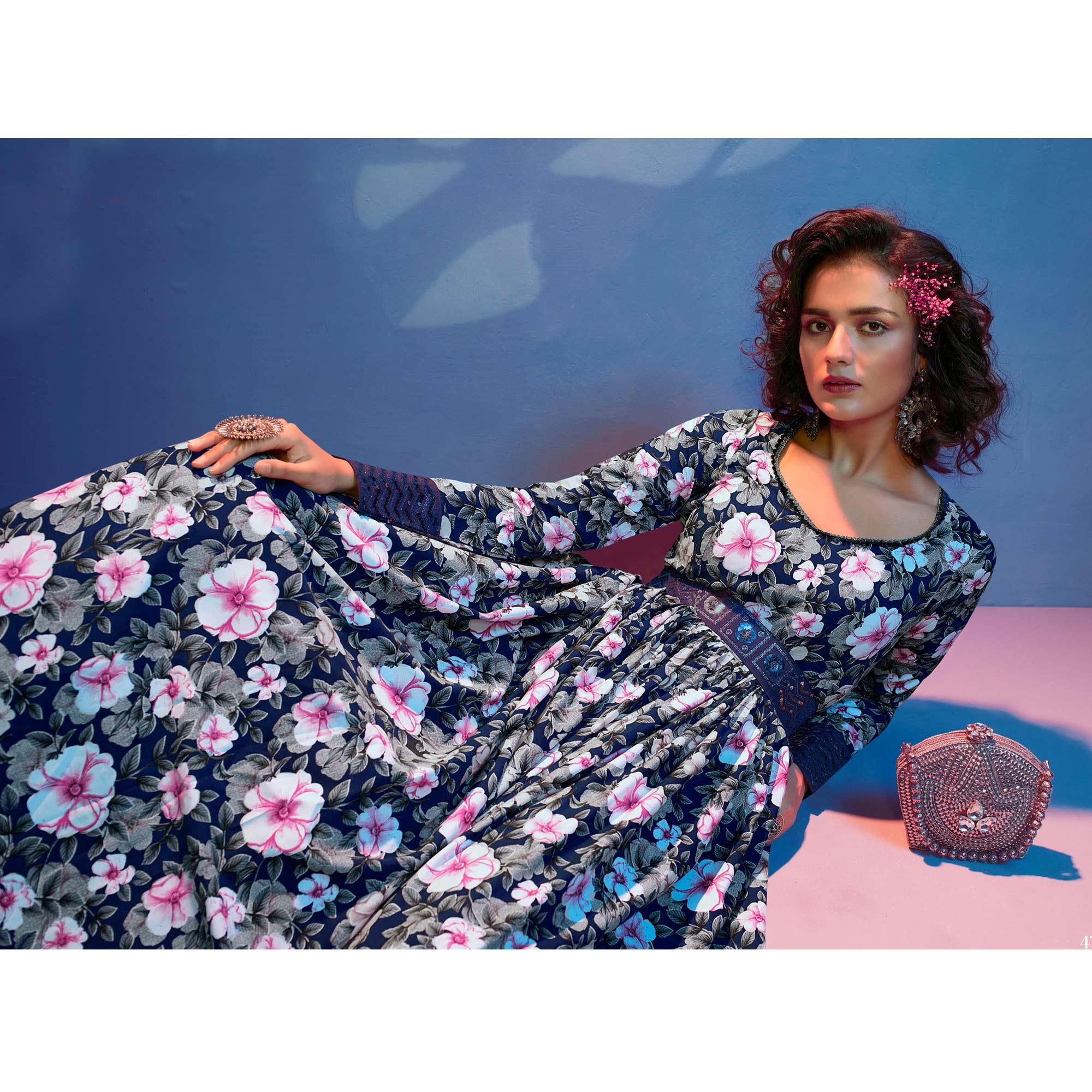 Navy Blue Floral Printed With Sequence Pure Silk Anarkali Style Gown - Peachmode
