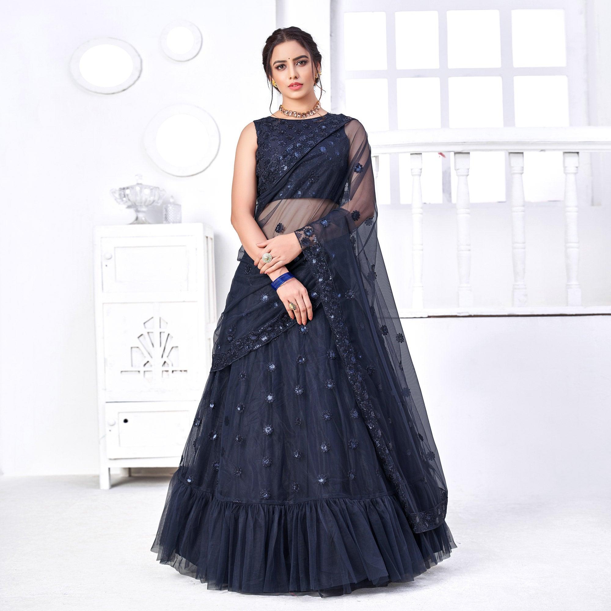 Navy Blue Floral Sequence Embroidered Net Lehenga Choli - Peachmode