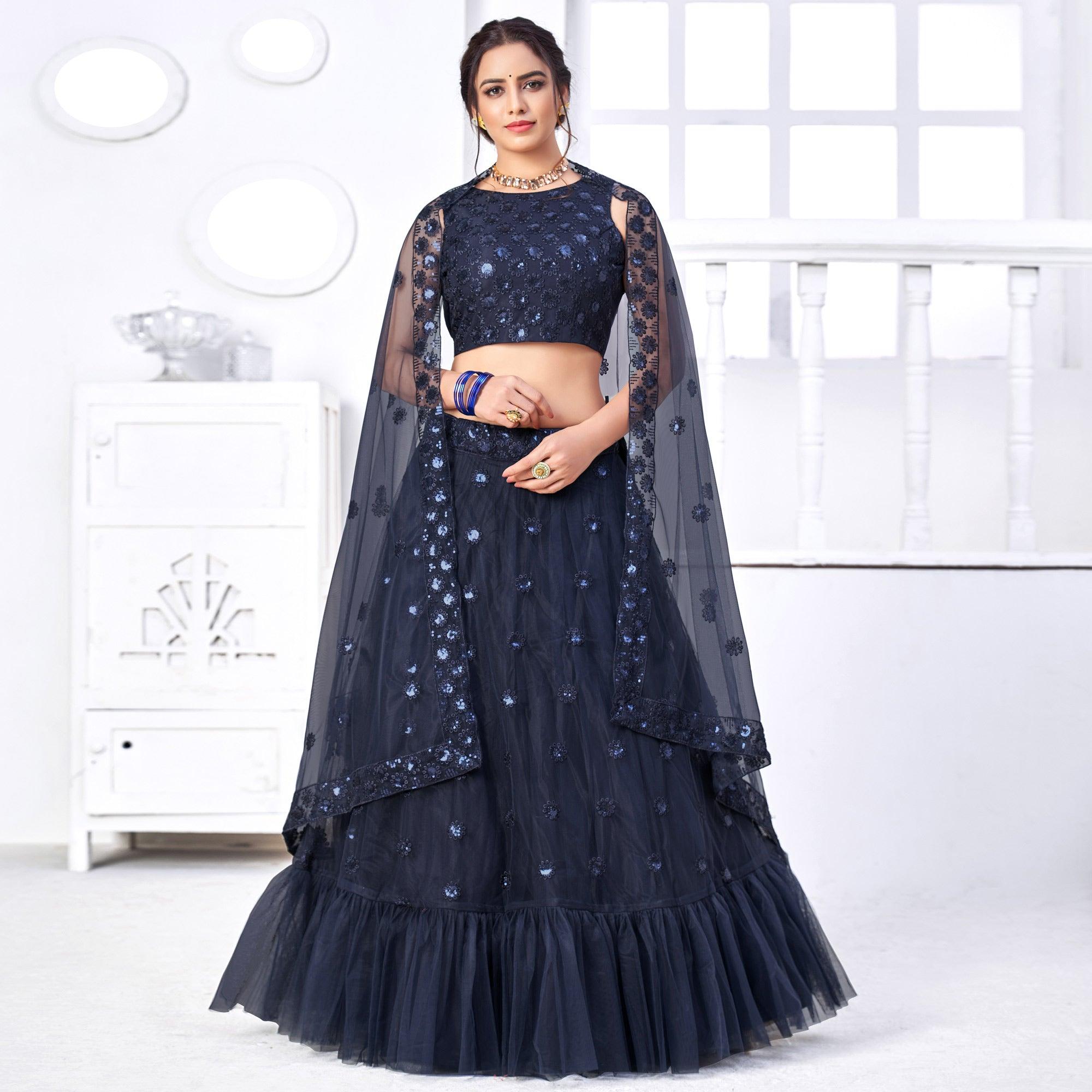 Navy Blue Floral Sequence Embroidered Net Lehenga Choli - Peachmode