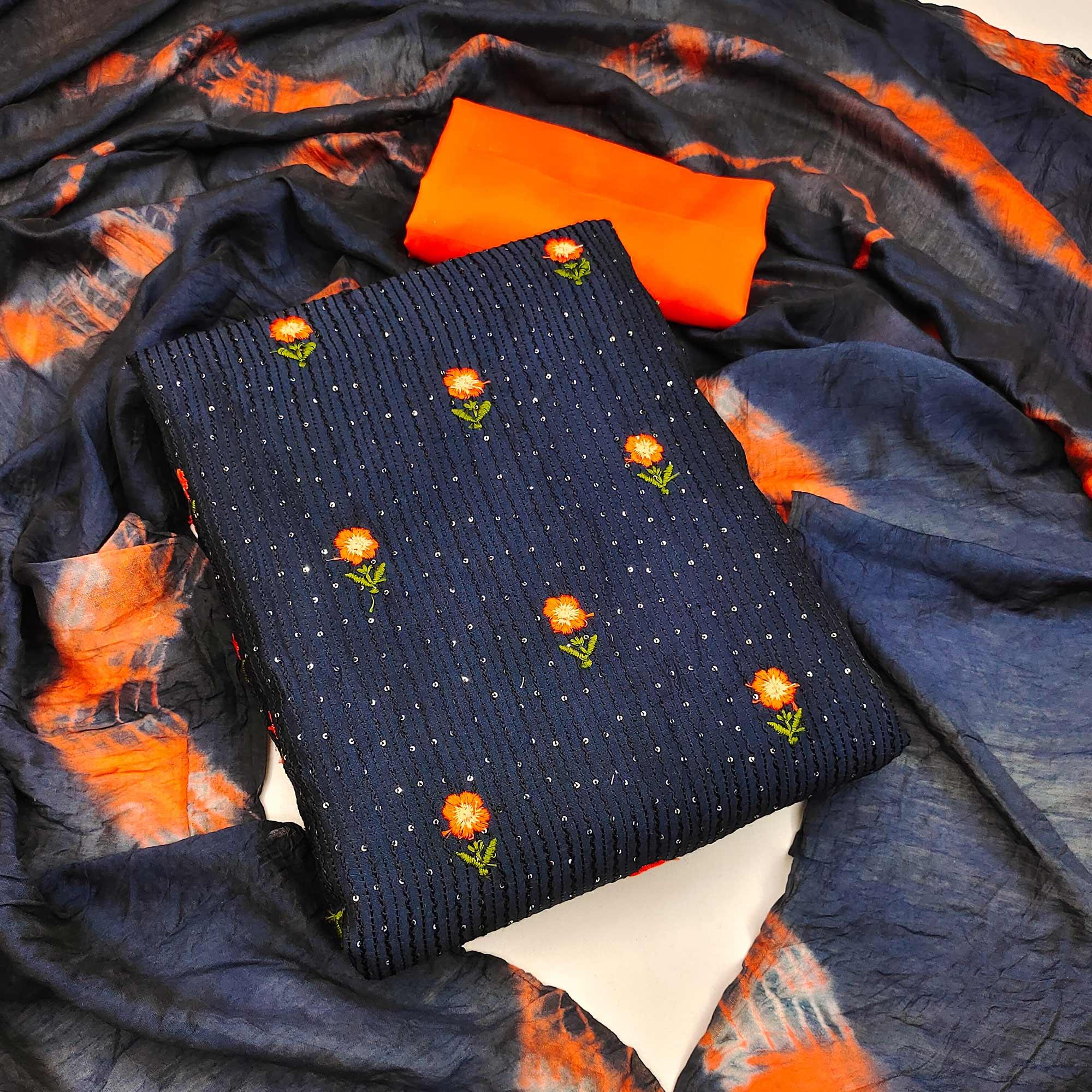 Navy Blue Floral Sequence Embroidered Pure Cotton Dress Material - Peachmode