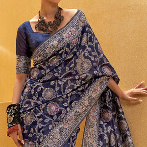 Navy Blue Floral Woven Art Silk Saree - Peachmode