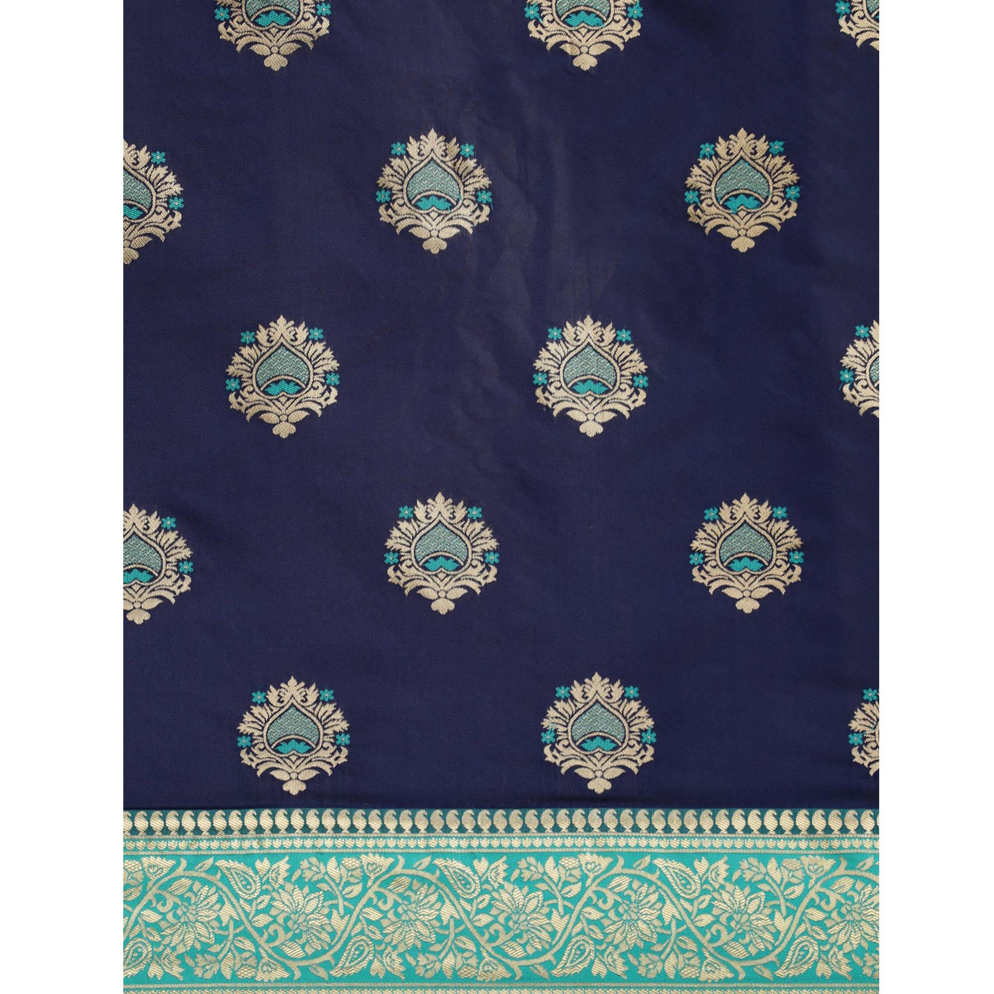 Navy Blue Floral Woven Art Silk Saree - Peachmode