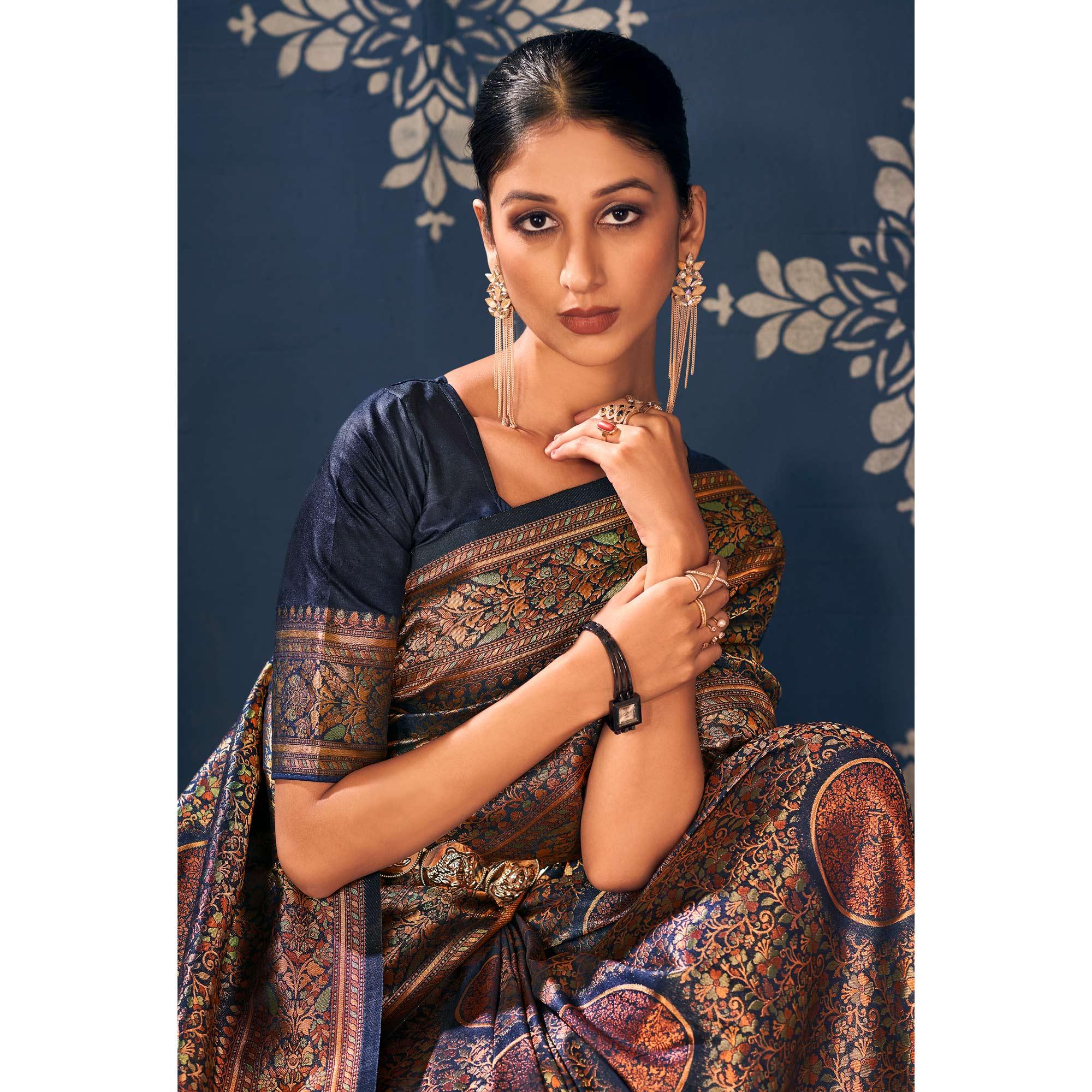 Navy Blue Floral Woven Art Silk Saree - Peachmode