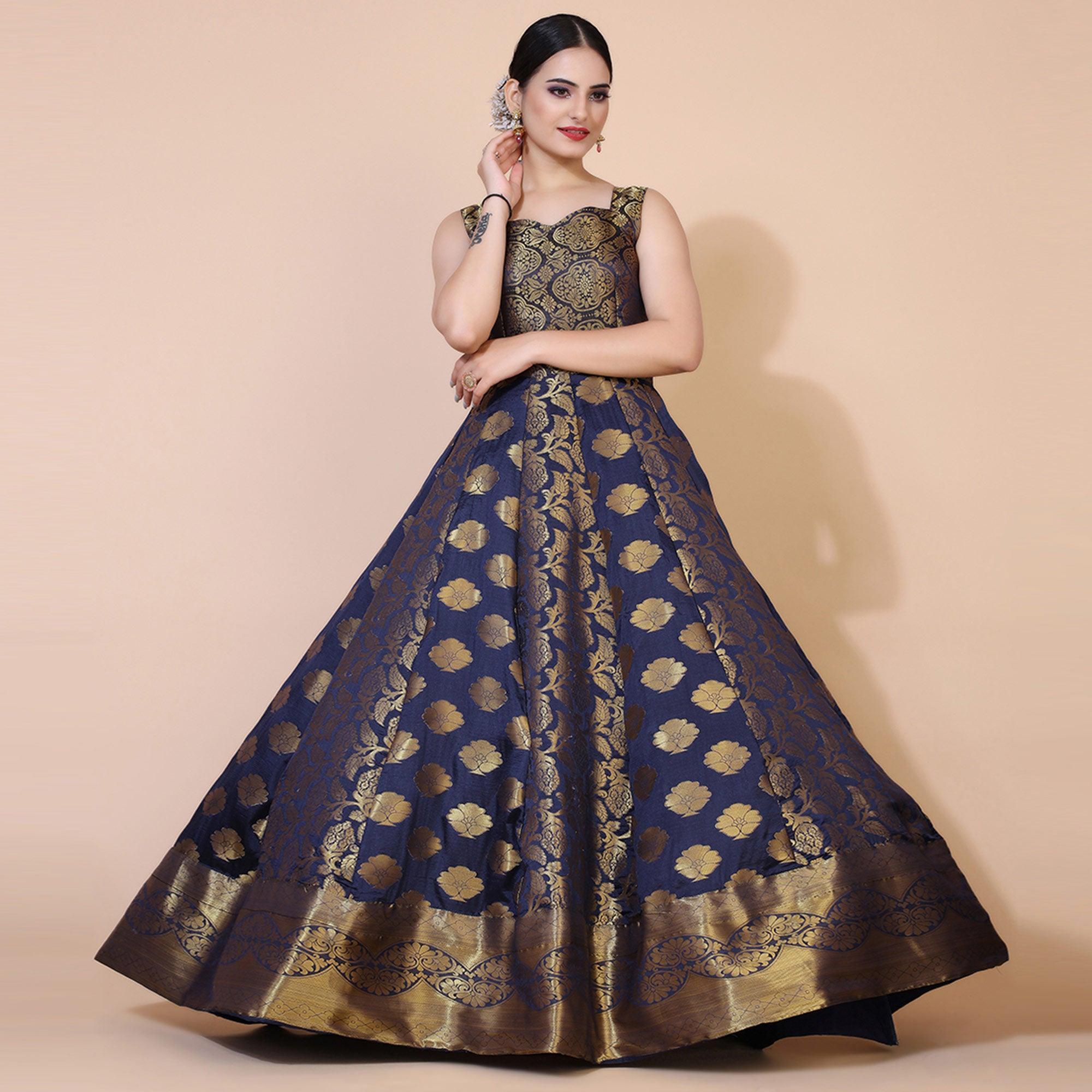 Navy Blue Floral Woven Jacquard Anarkali Style Gown - Peachmode