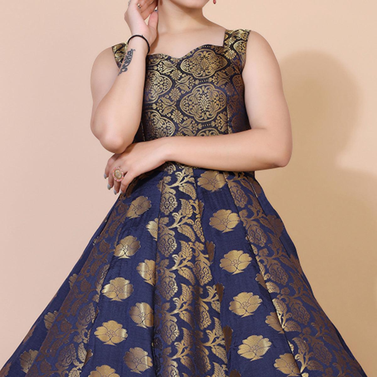 Navy Blue Floral Woven Jacquard Anarkali Style Gown - Peachmode