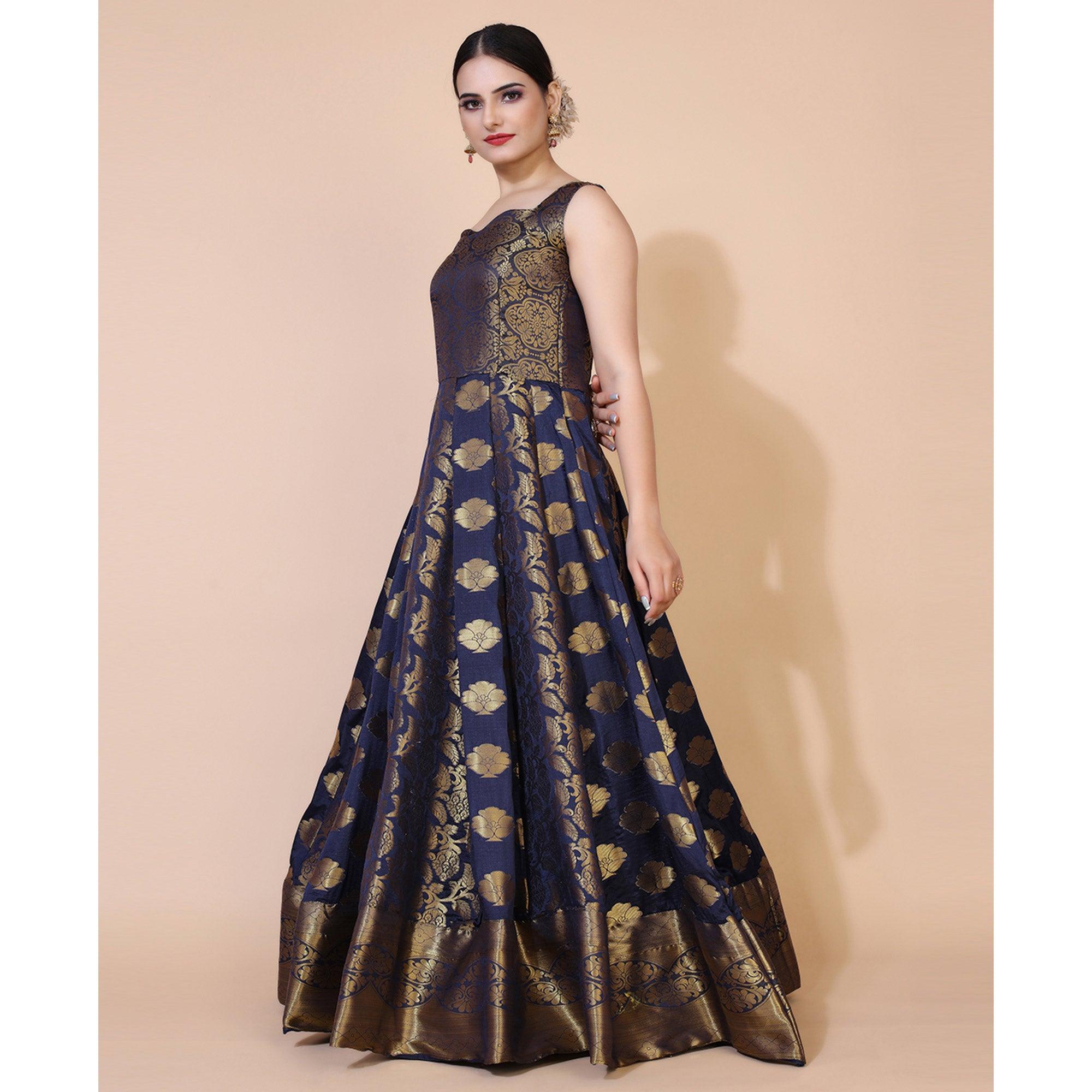 Navy Blue Floral Woven Jacquard Anarkali Style Gown - Peachmode