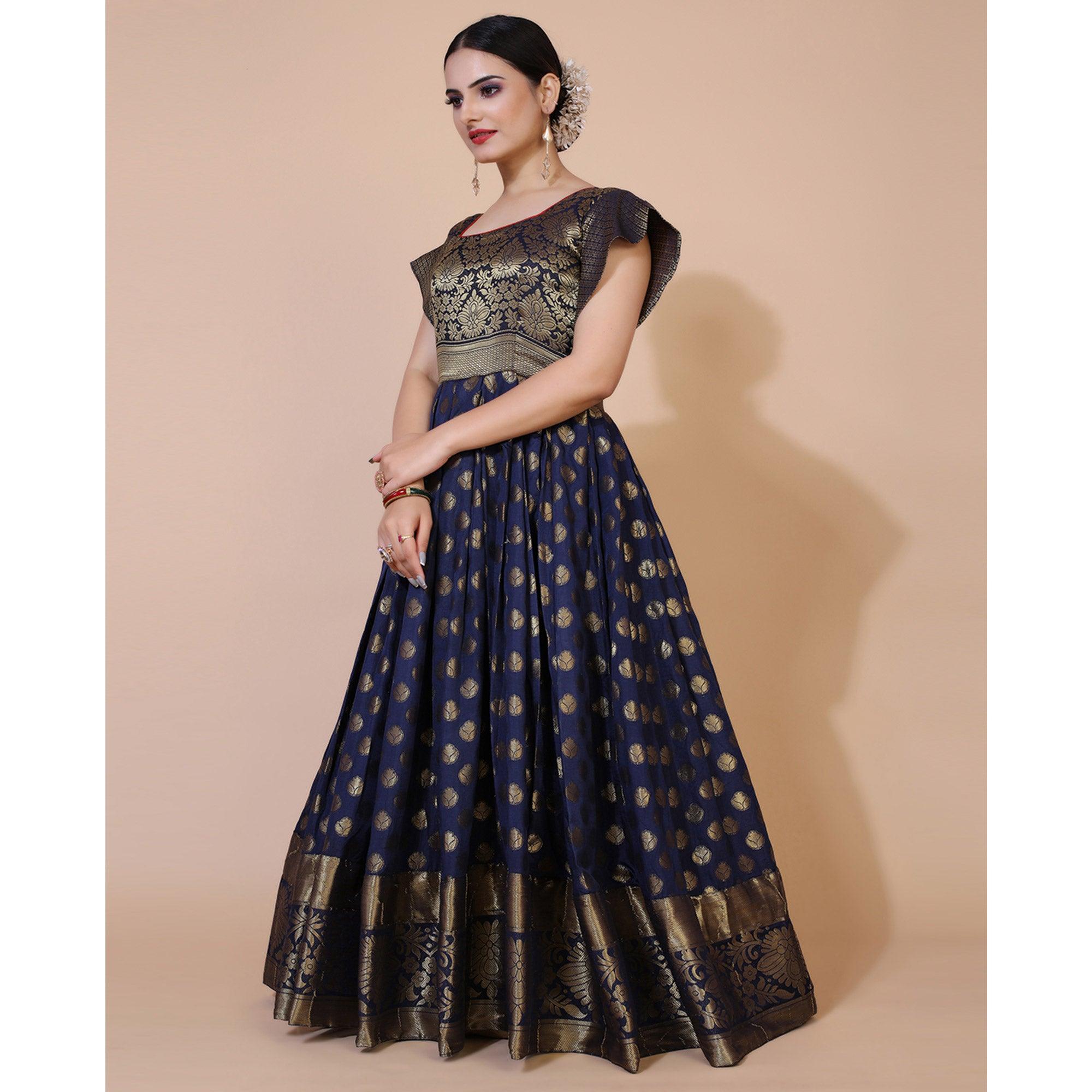 Navy Blue Floral Woven Jacquard Anarkali Style Gown - Peachmode
