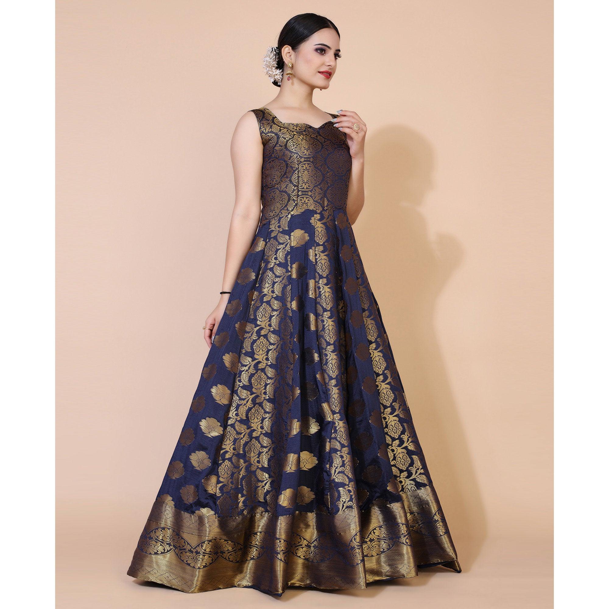 Navy Blue Floral Woven Jacquard Anarkali Style Gown - Peachmode