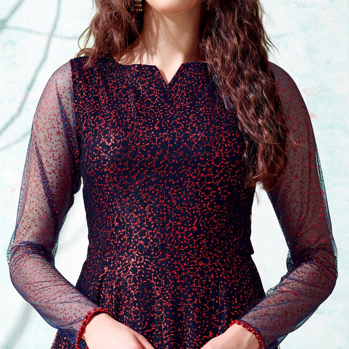 Navy Blue Foil Printed Netted Gown - Peachmode