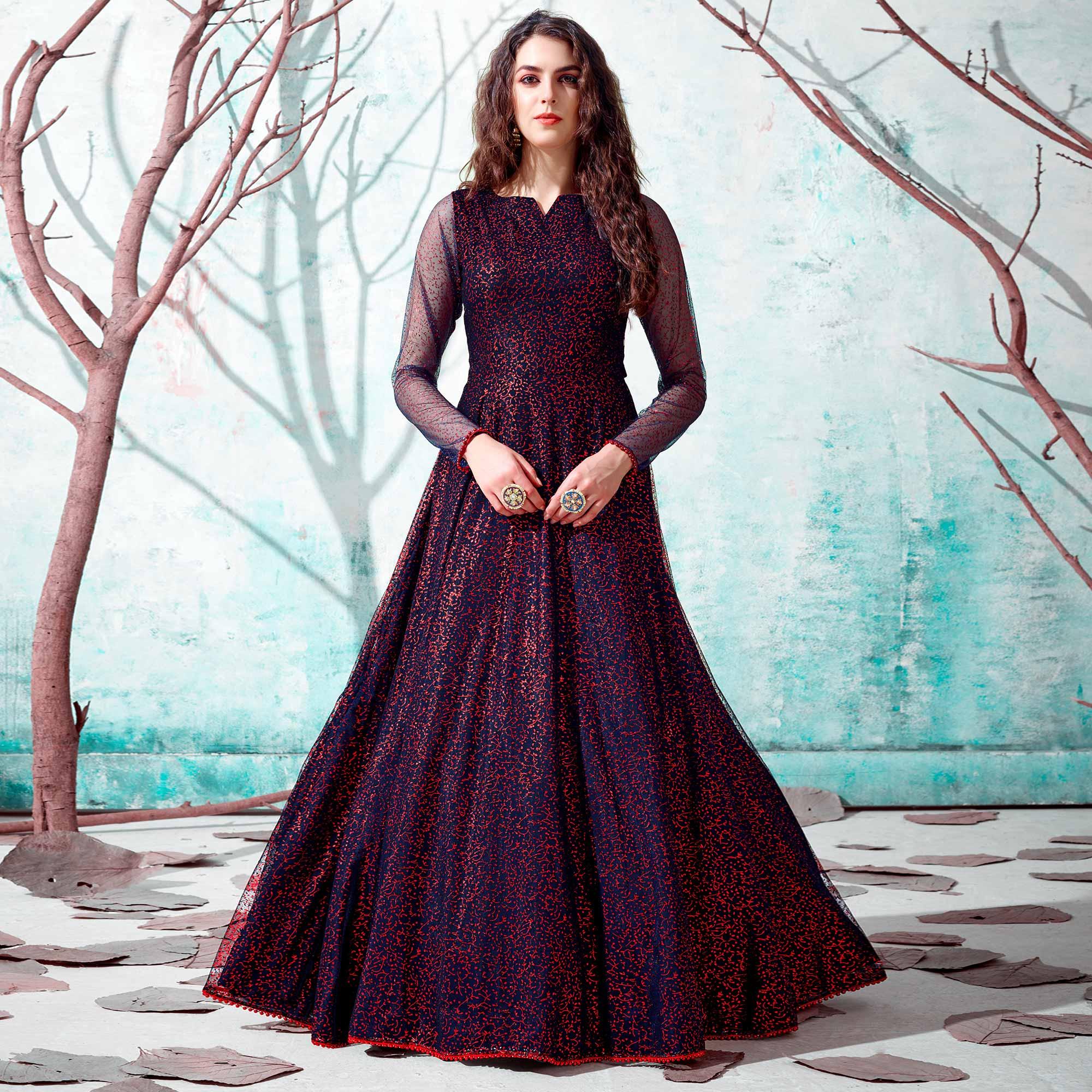 Navy Blue Foil Printed Netted Gown - Peachmode