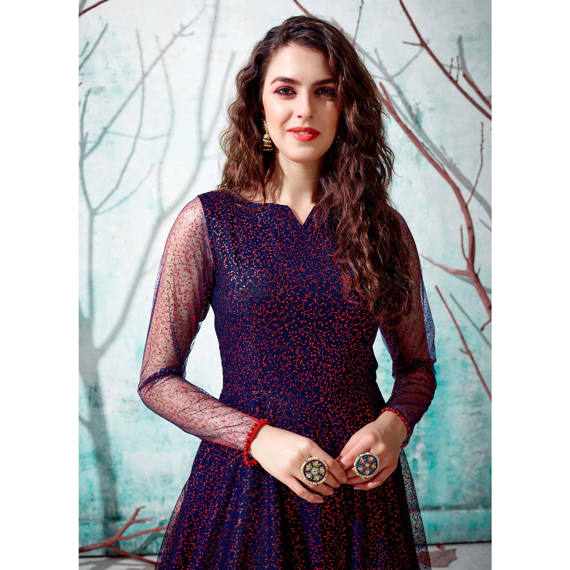 Navy Blue Foil Printed Netted Gown - Peachmode