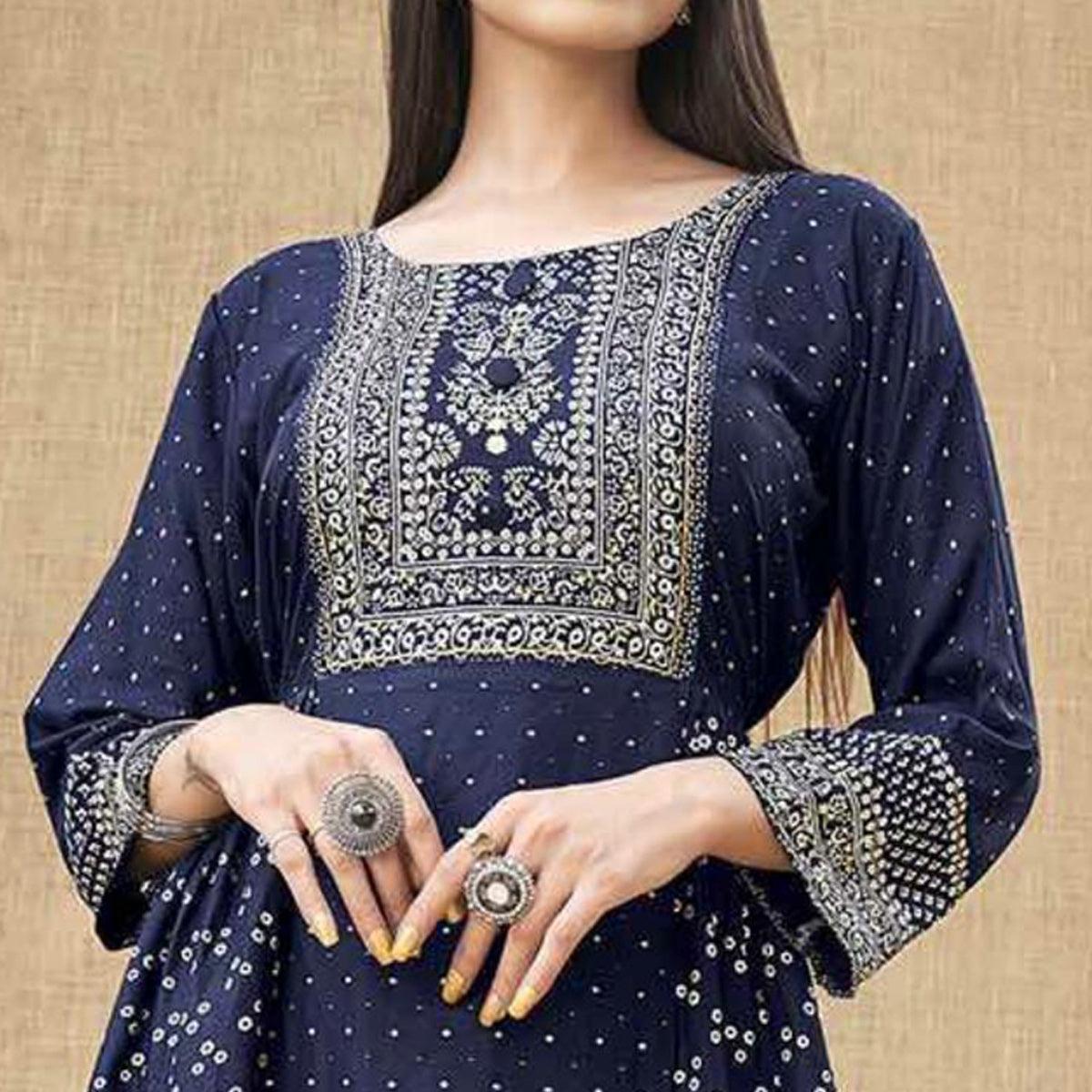 Navy Blue Foil Printed Rayon Kurti - Peachmode