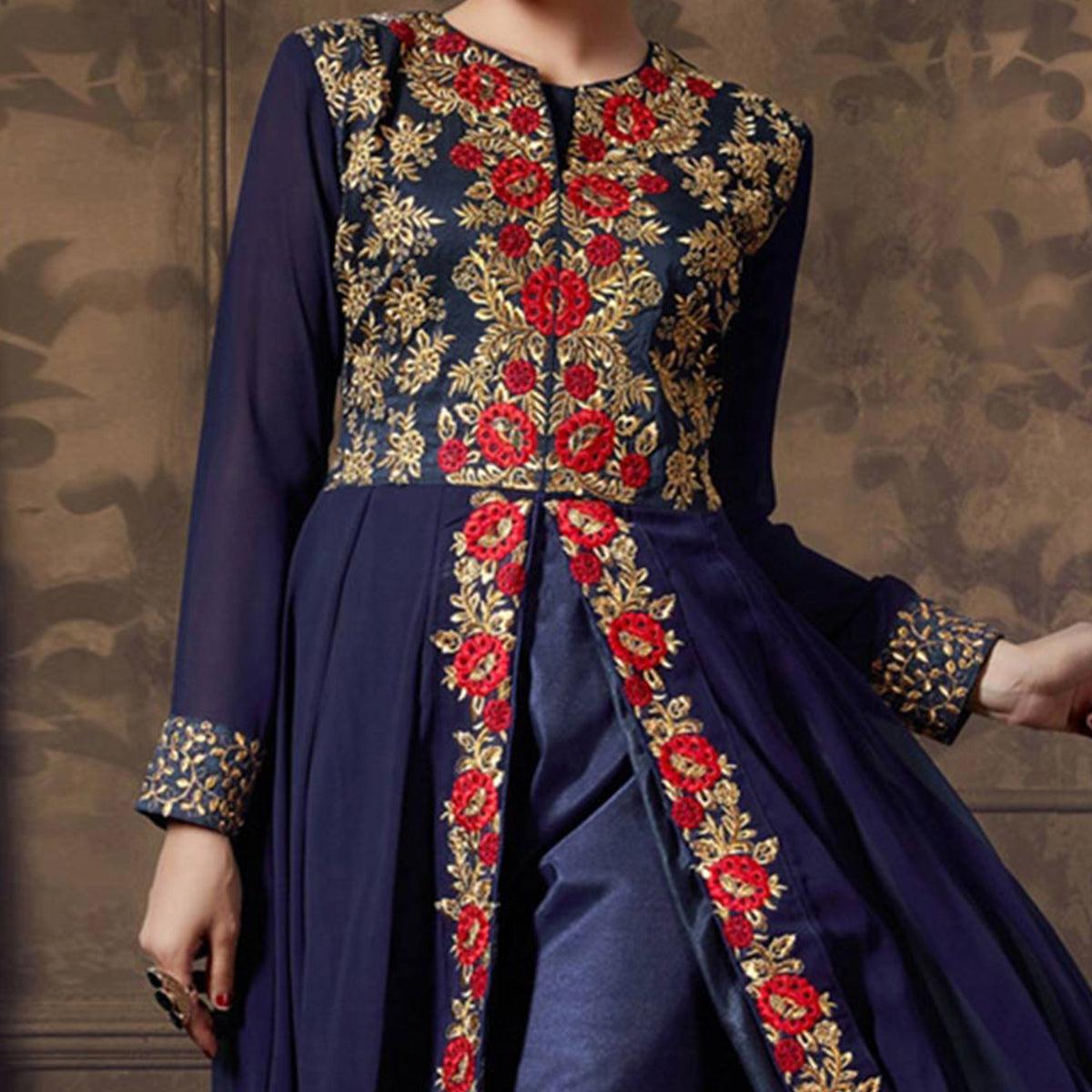 Navy Blue Front Slit Georgette Anarkali - Peachmode