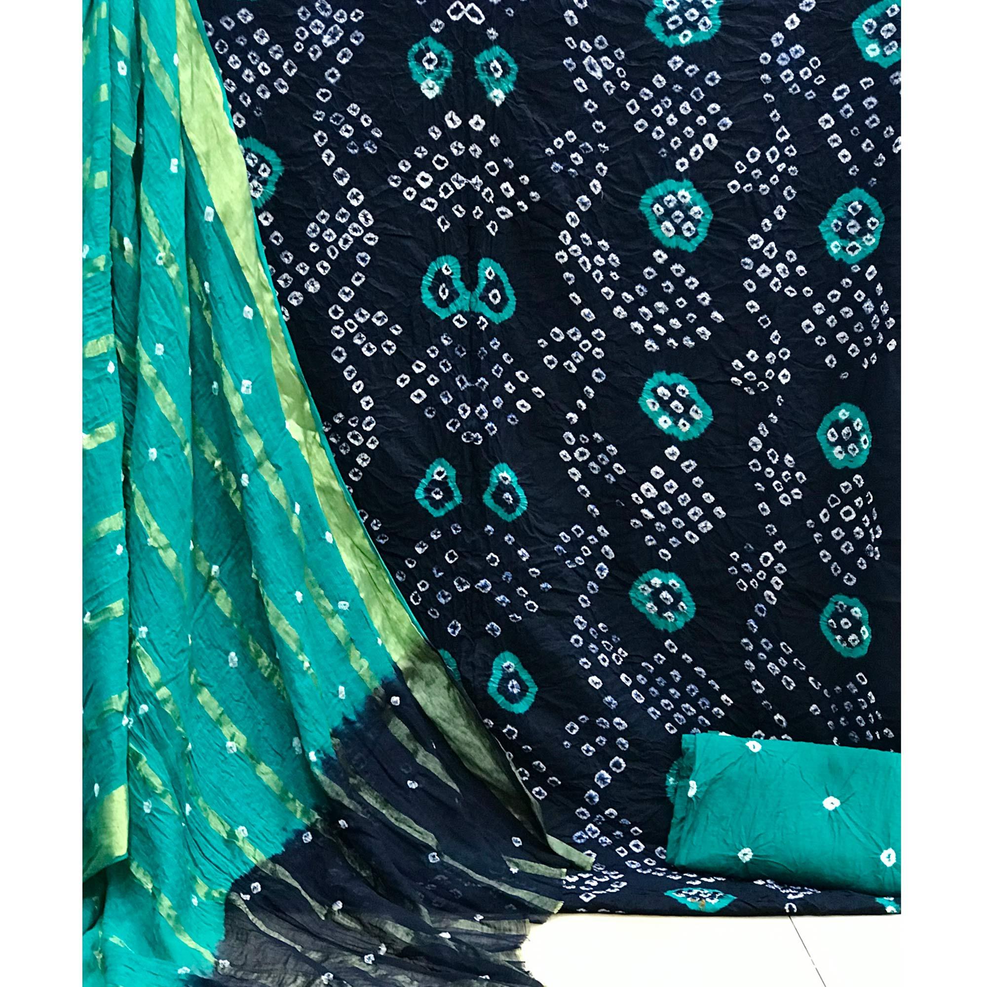 Navy Blue Hand Bandhani Printed Pure Cotton Dress Material - Peachmode