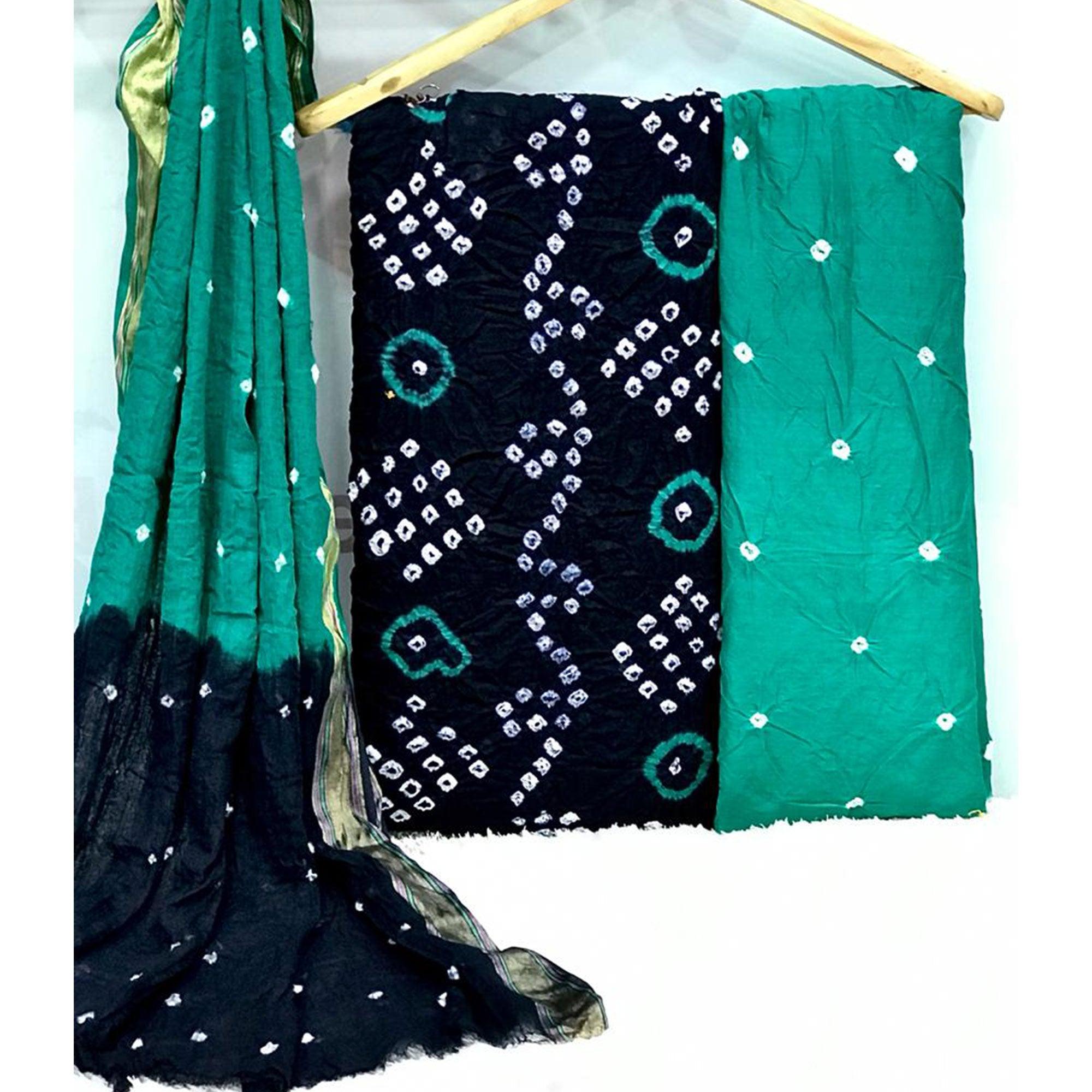 Navy Blue Hand Bandhani Printed Pure Cotton Dress Material - Peachmode