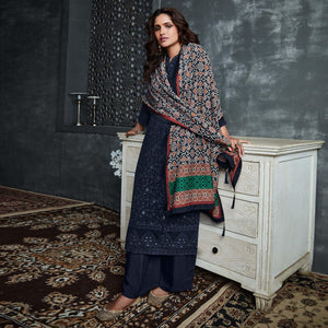 Navy Blue Lakhnavi Embroidery Georgette Partywear Palazzo Suit - Peachmode
