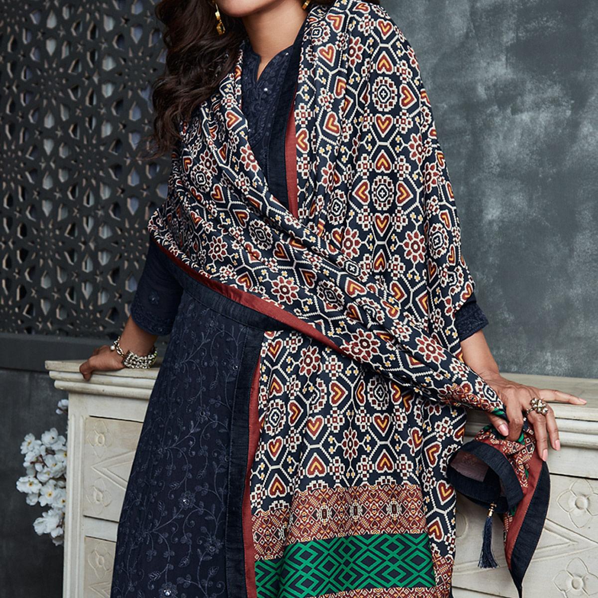 Navy Blue Lakhnavi Embroidery Georgette Partywear Palazzo Suit - Peachmode
