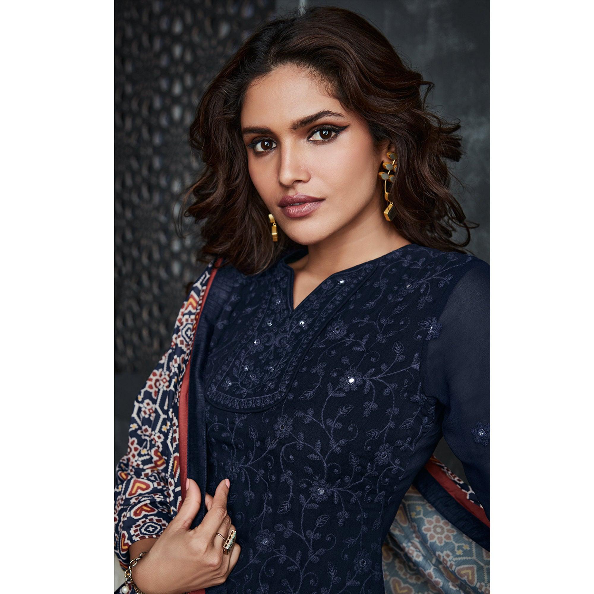 Navy Blue Lakhnavi Embroidery Georgette Partywear Palazzo Suit - Peachmode