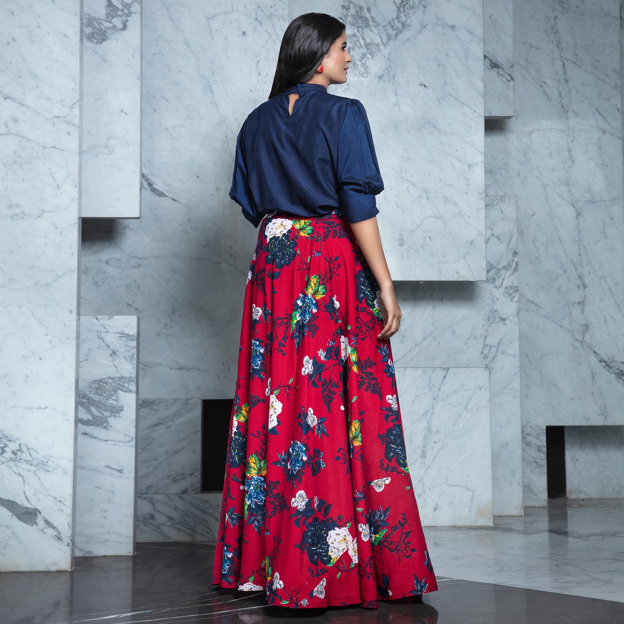 Navy Blue - Maroon Printed Rayon Top-Skirt Set - Peachmode