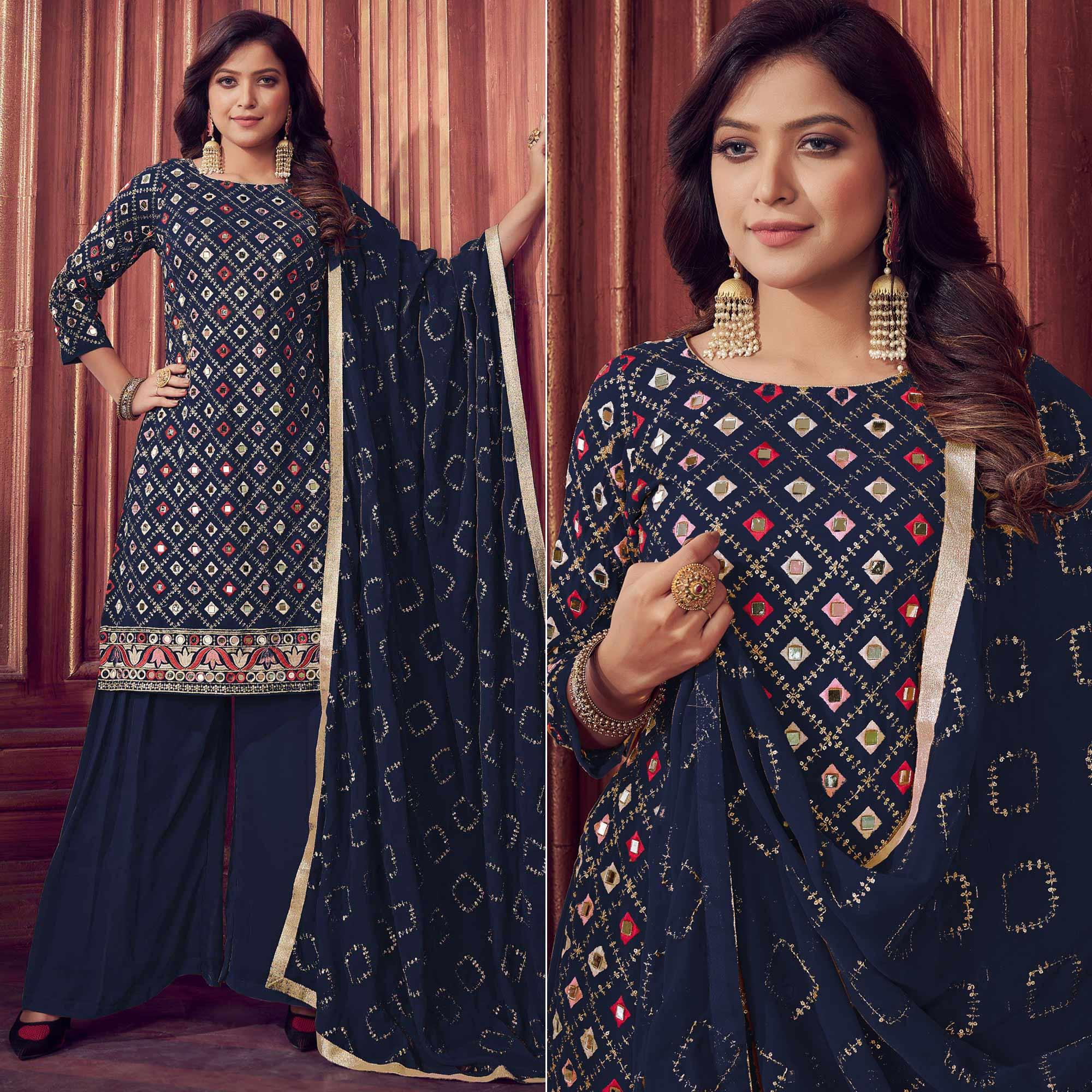 Navy Blue Mirror & Sequence Embroidered Georgette Sharara Suit - Peachmode