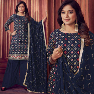 Navy Blue Mirror & Sequence Embroidered Georgette Sharara Suit - Peachmode