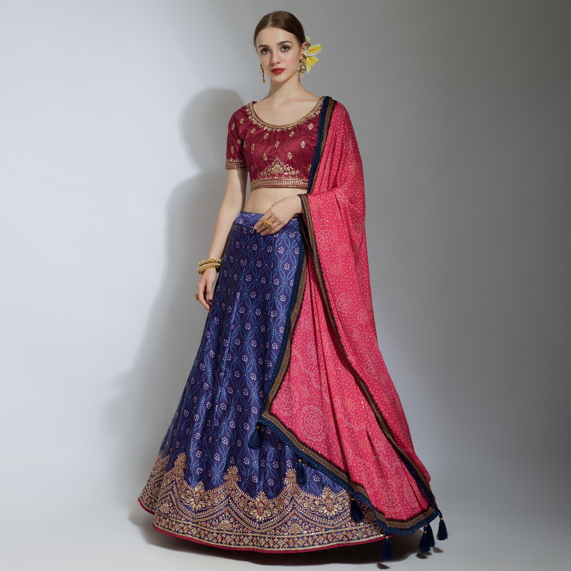 Navy Blue Party Wear Embroidered Satin Lehenga Choli - Peachmode