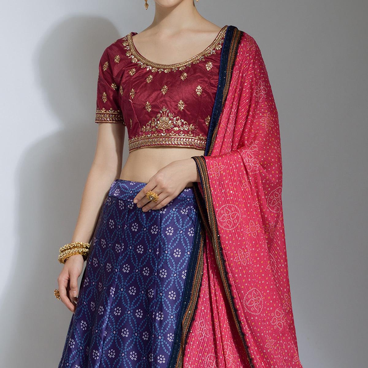 Navy Blue Party Wear Embroidered Satin Lehenga Choli - Peachmode