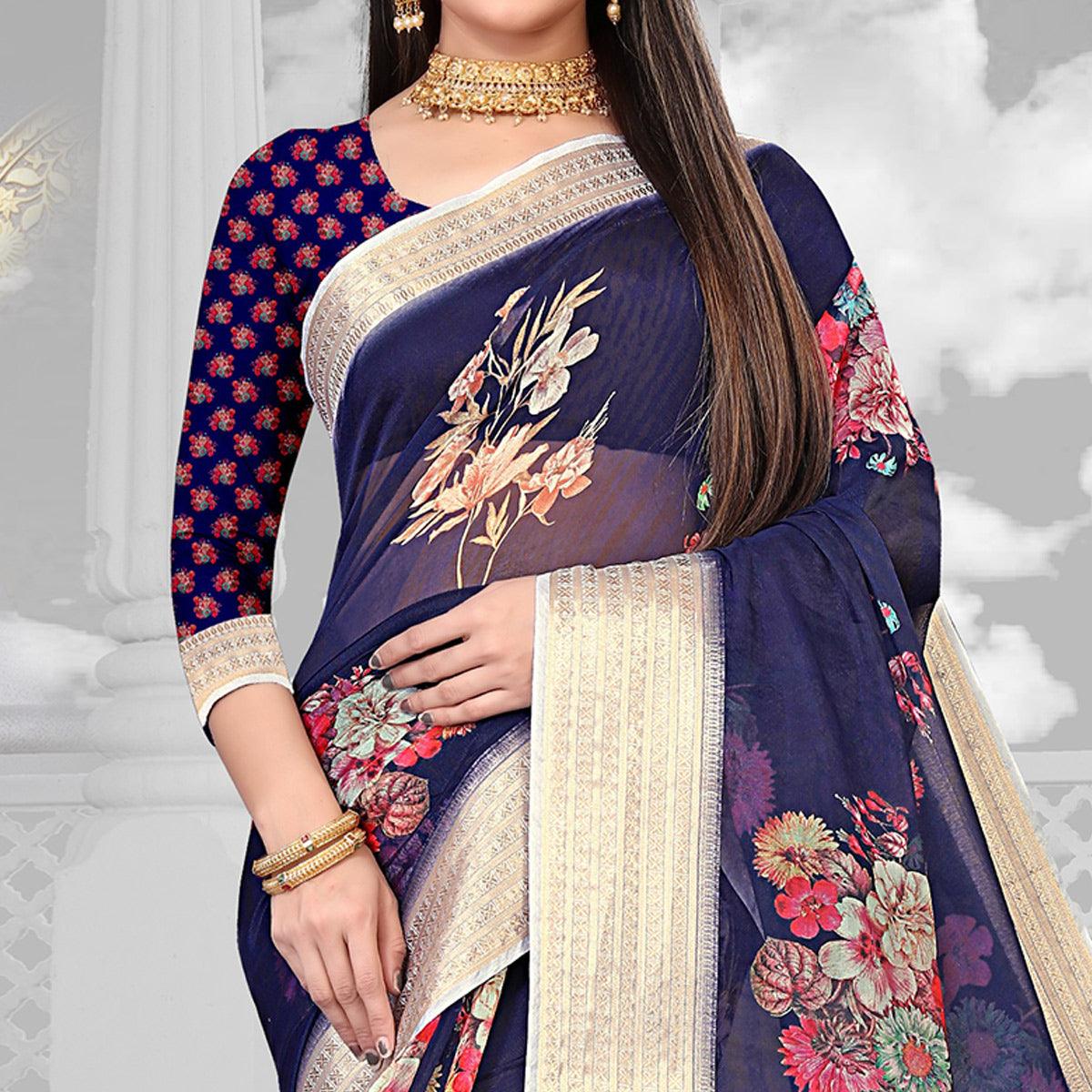 Navy Blue Party Wear Floral Digital Printed With Jacquard Border Soft Georgette Saree - Peachmode