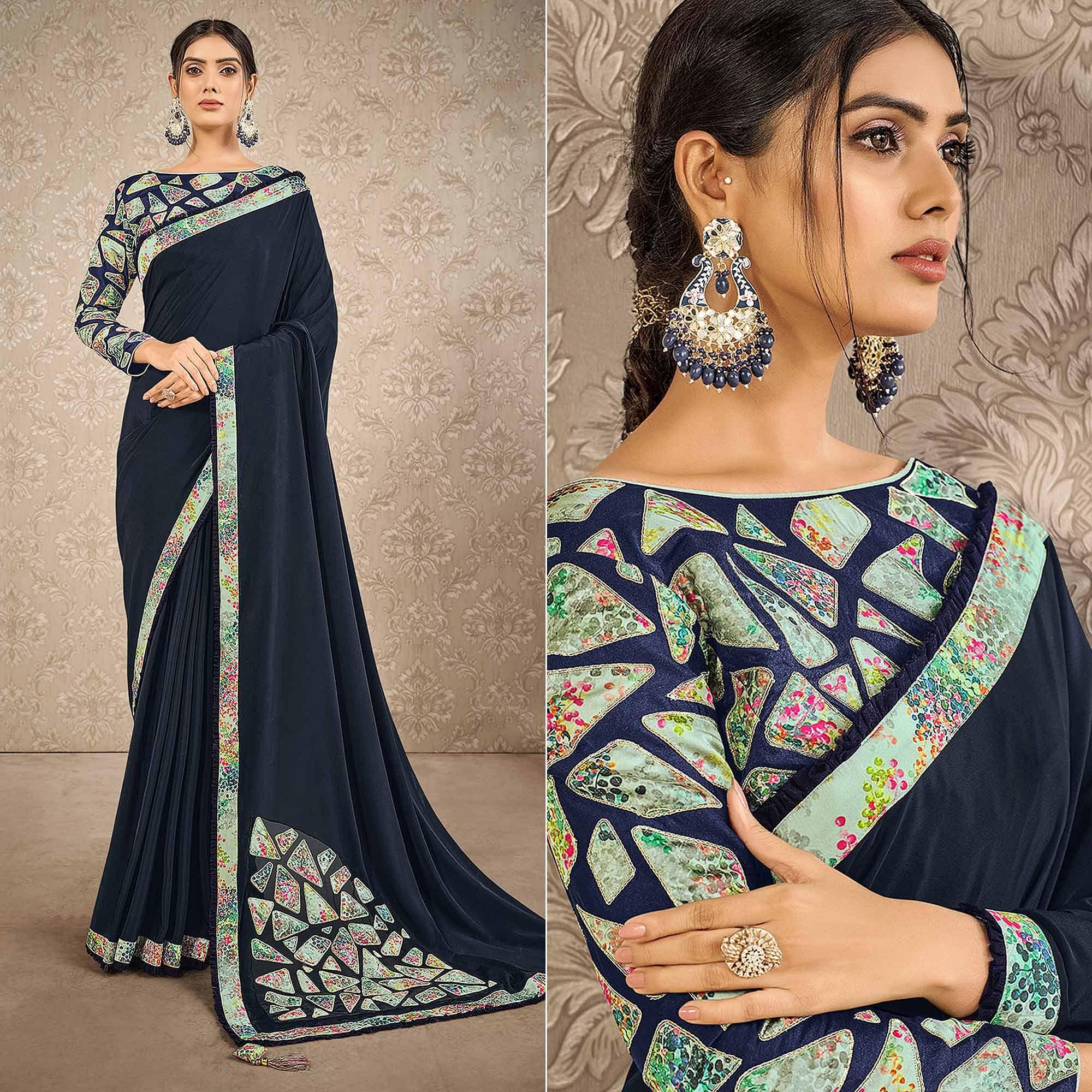 Navy Blue Partywear Appliqued With Digital Printed Satin Saree - Peachmode