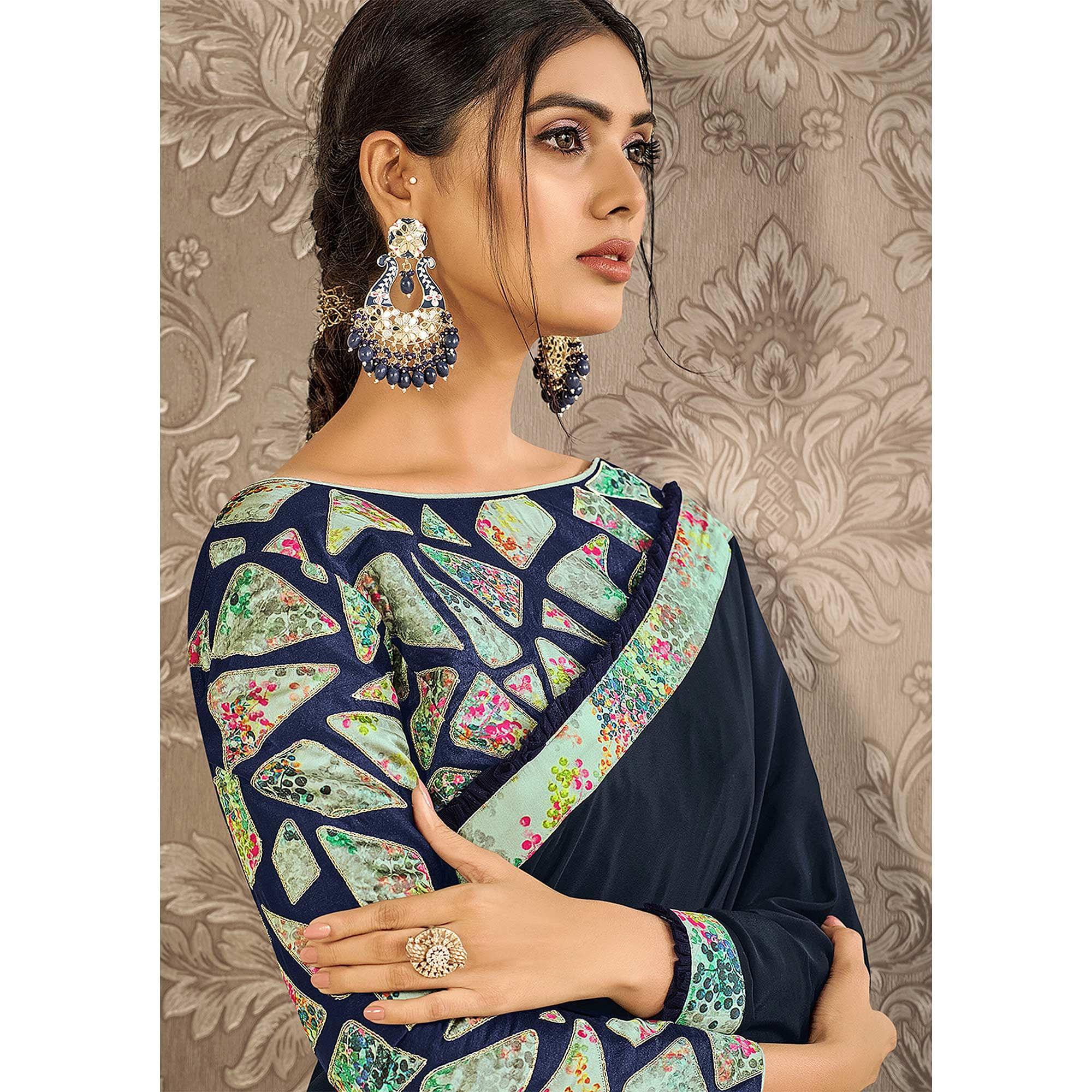 Navy Blue Partywear Appliqued With Digital Printed Satin Saree - Peachmode