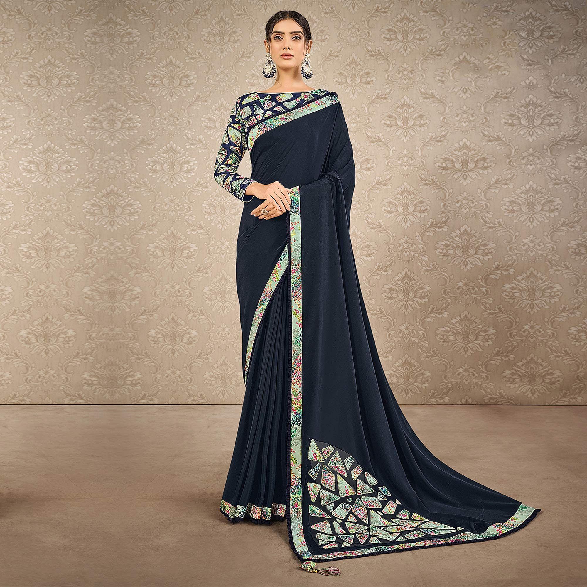 Navy Blue Partywear Appliqued With Digital Printed Satin Saree - Peachmode