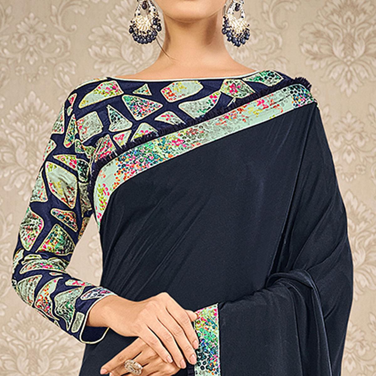 Navy Blue Partywear Appliqued With Digital Printed Satin Saree - Peachmode