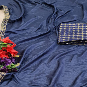Navy Blue Partywear Coding Lace Border Dola Silk Saree - Peachmode