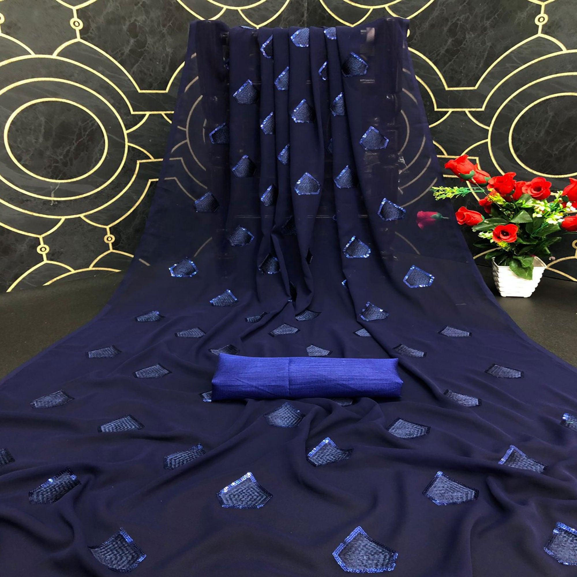 Navy Blue Partywear Diamond Sequence Georgette Saree - Peachmode