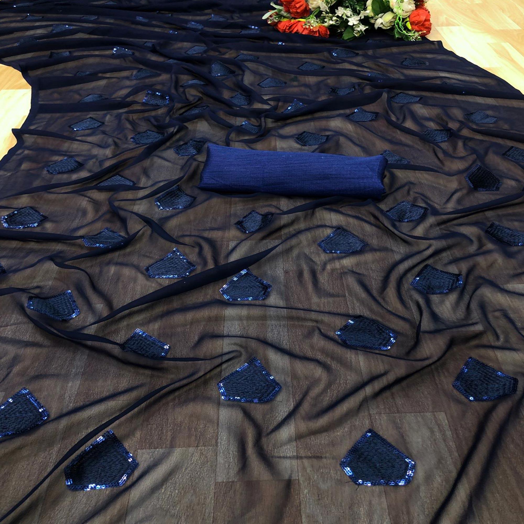 Navy Blue Partywear Diamond Sequence Georgette Saree - Peachmode