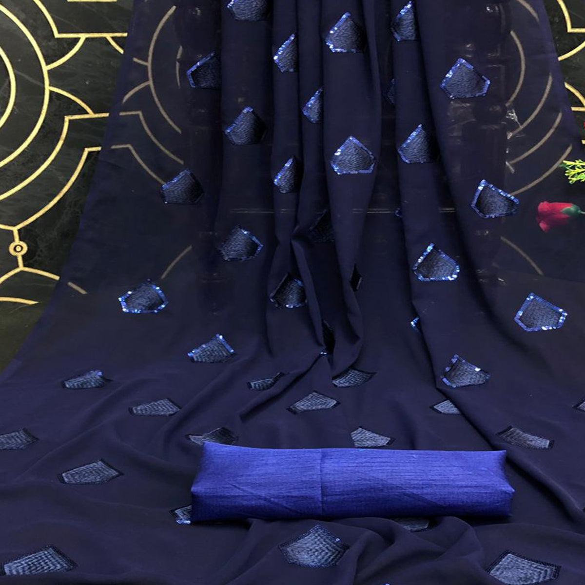 Navy Blue Partywear Diamond Sequence Georgette Saree - Peachmode