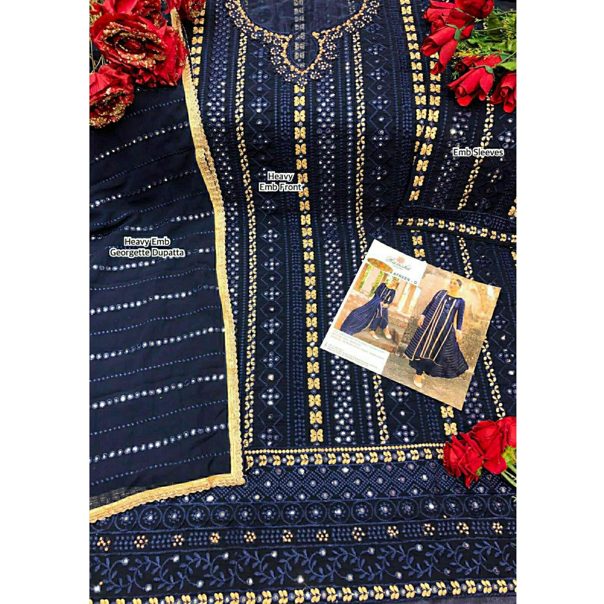 Navy Blue Partywear Embellished & Embroidered Georgette Anarkali Suit - Peachmode