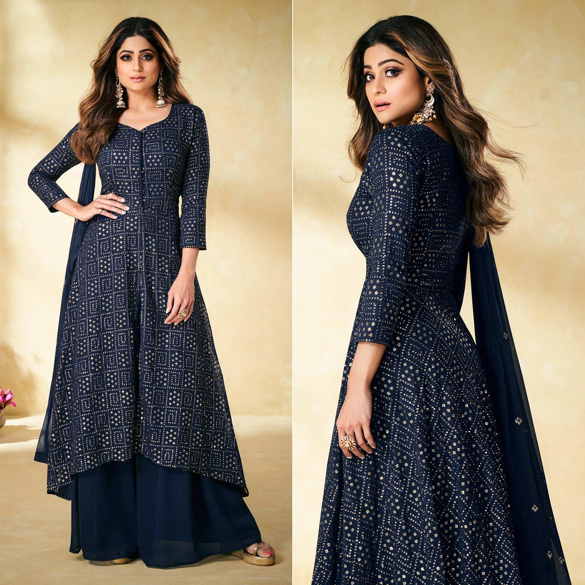 Navy Blue Partywear Embellished With Embroidered Georgette Palazzo Suit - Peachmode