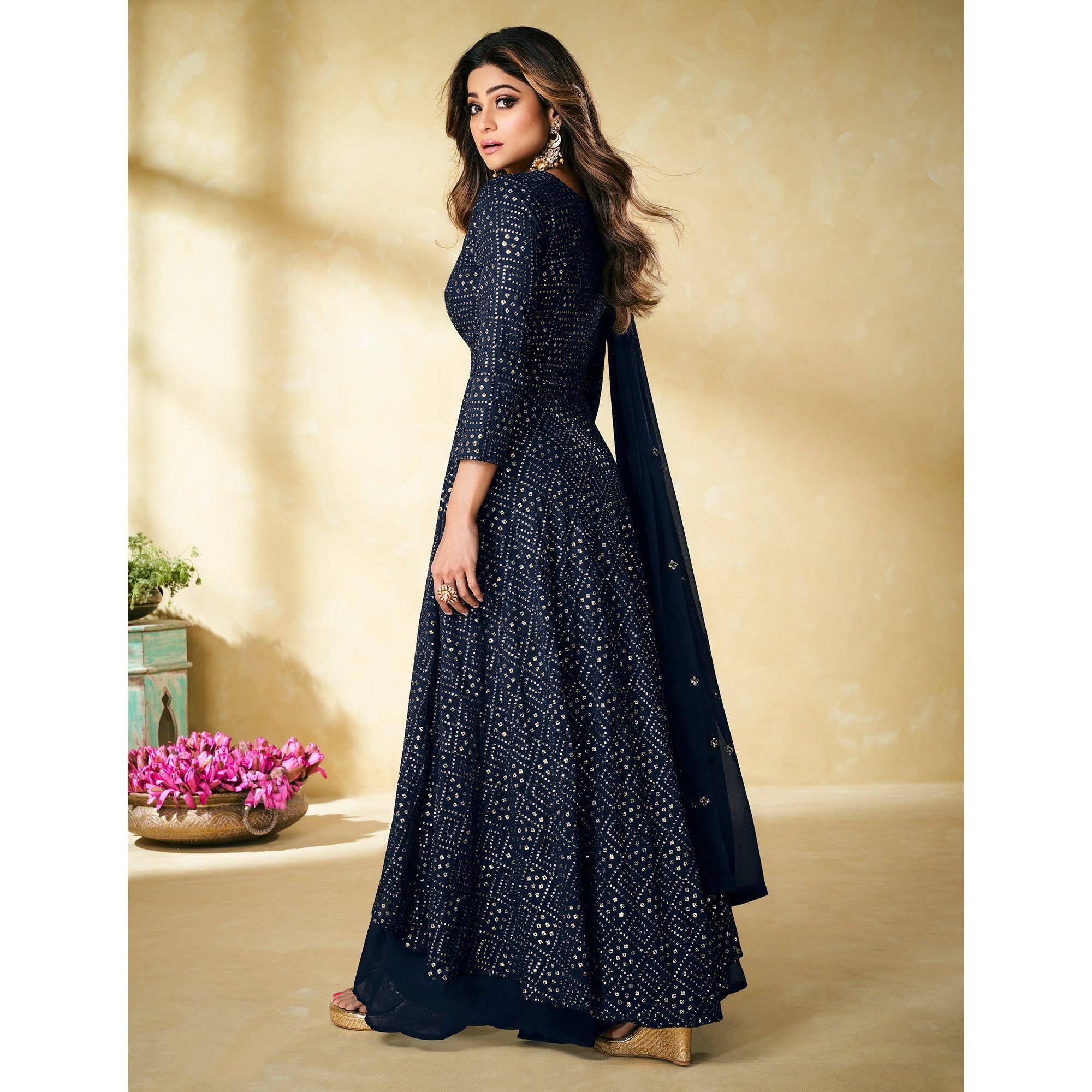 Navy Blue Partywear Embellished With Embroidered Georgette Palazzo Suit - Peachmode